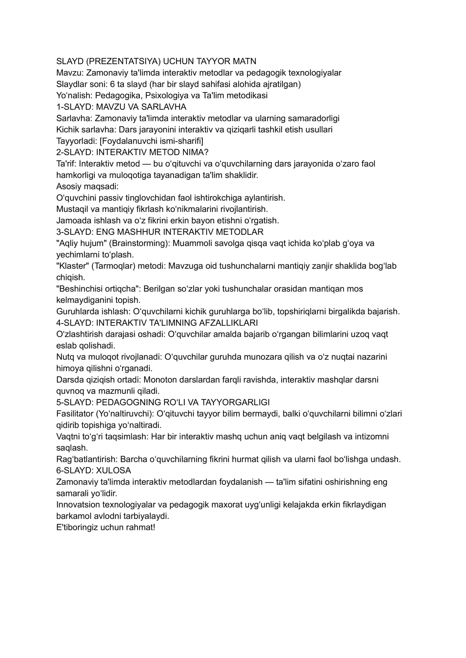 Slayd (Prezentatsiya) Uchun Tayyor Matn