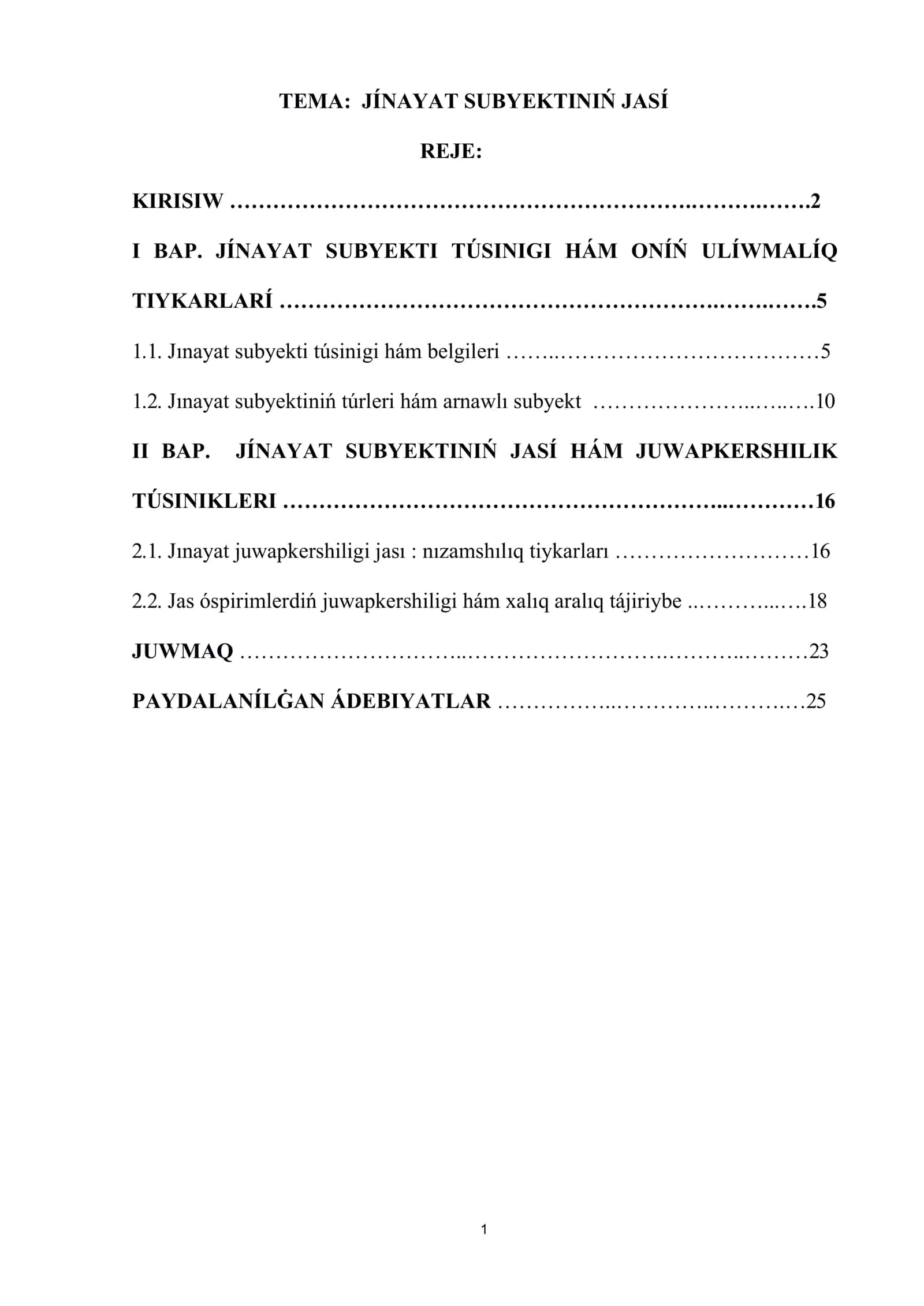 Jınayat subyektiniń jası Kurs jumısı