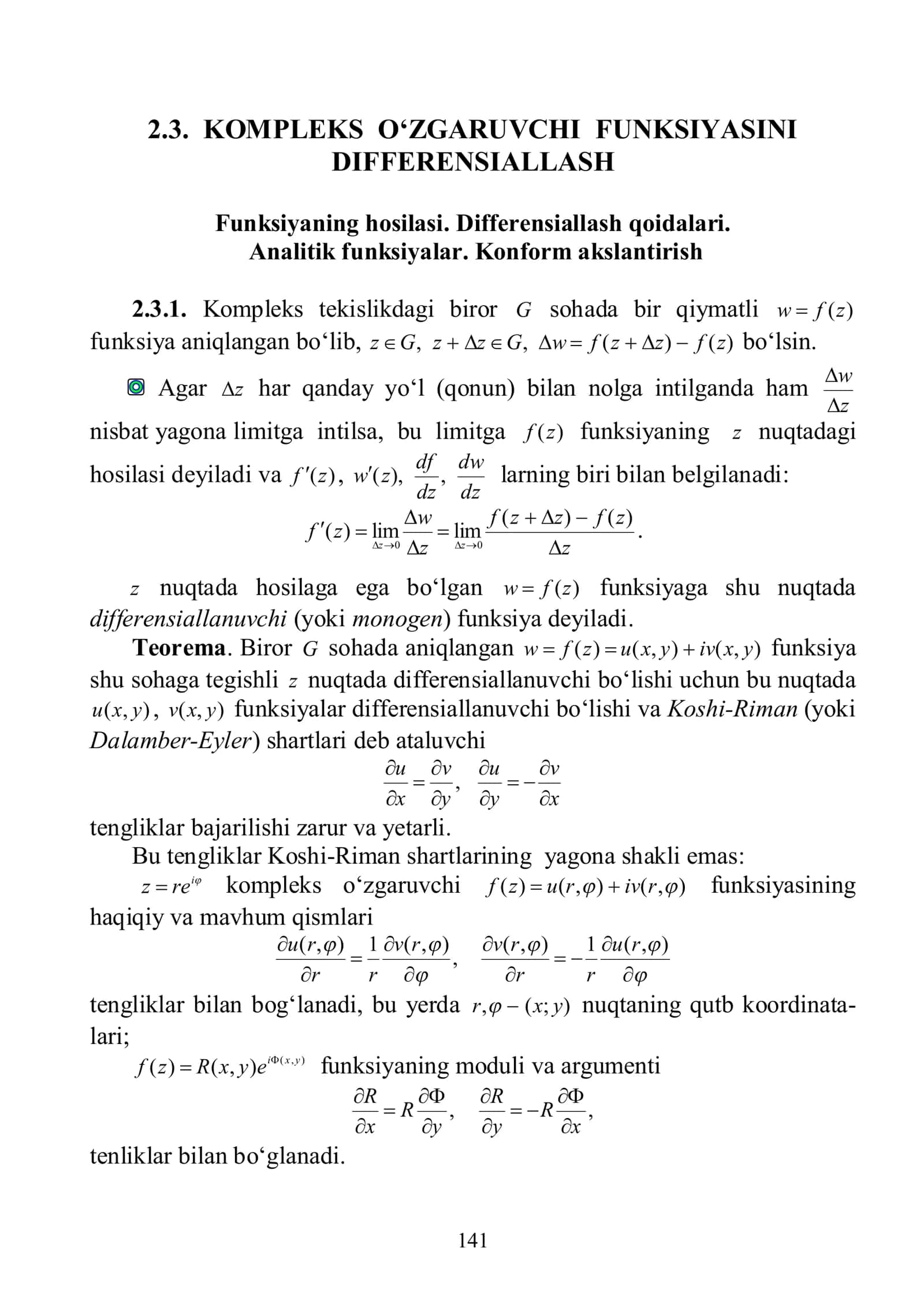 2.3. KOMPLEKS O‘ZGARUVCHI FUNKSIYASINI DIFFERENSIALLASH