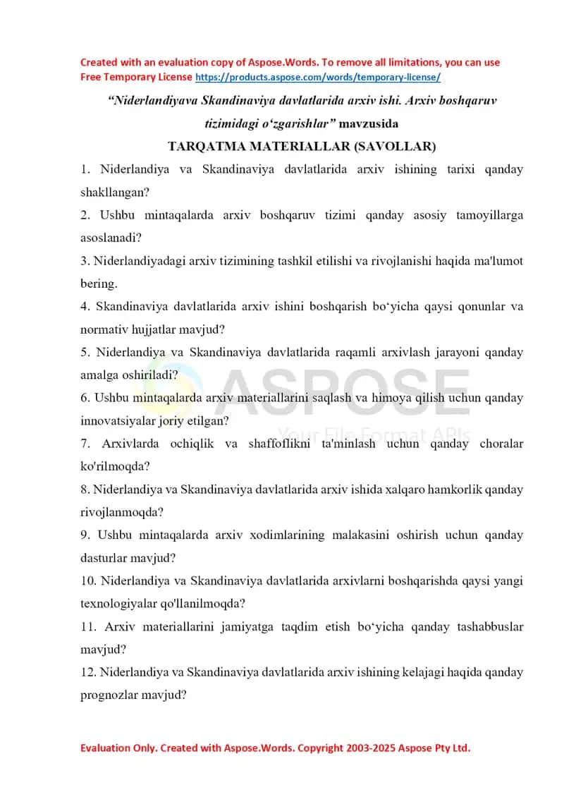 Tarqatma material “Niderlandiya va Skandinaviya davlatlarida arxiv ishi. Arxiv boshqaruv tizimidagi o‘zgarishlar”