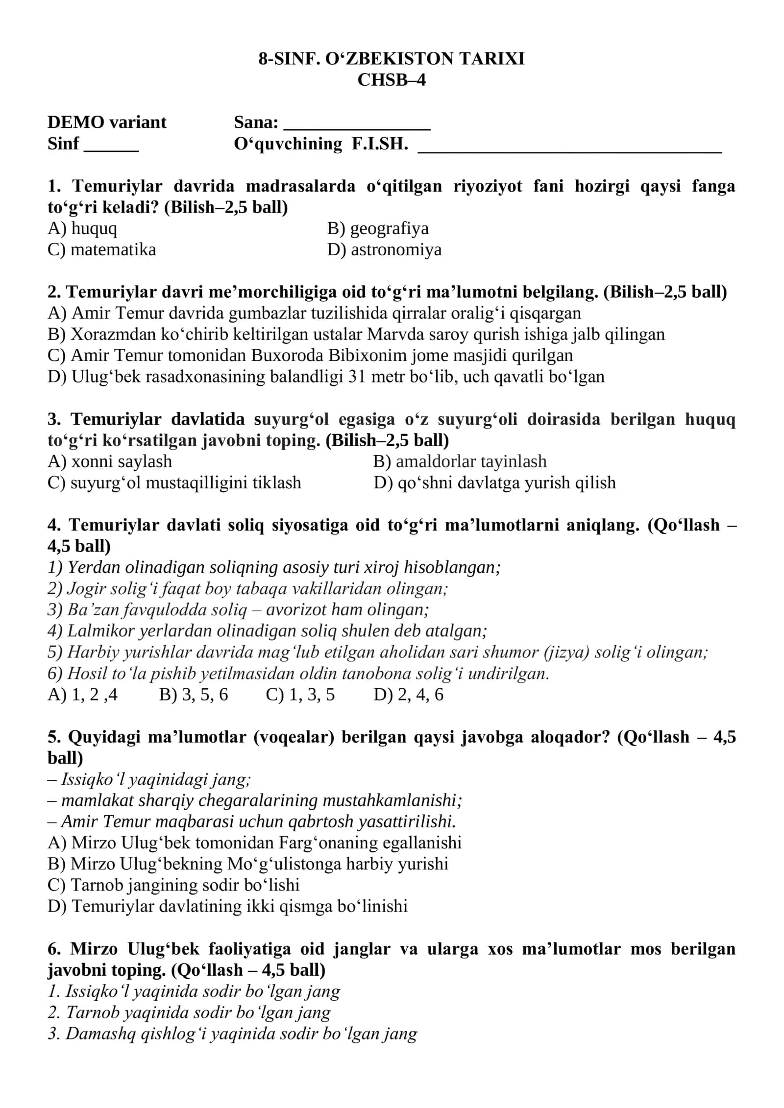 8-SINF. O‘ZBEKISTON TARIXI CHSB