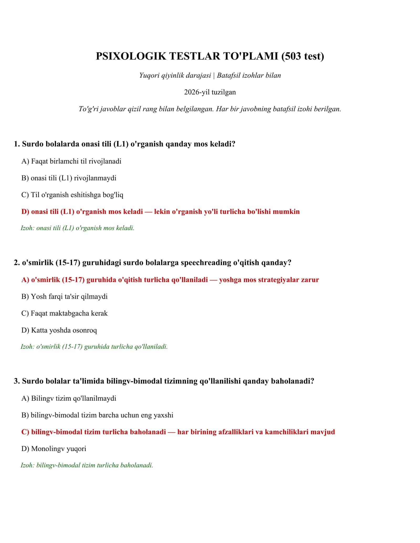 PSIXOLOGIK TESTLAR TO'PLAMI (503 test)