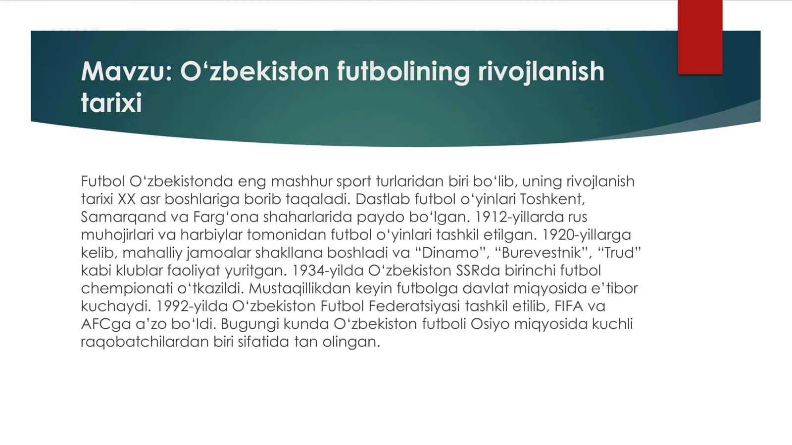 O‘zbekiston futbolining rivojlanish tarixi