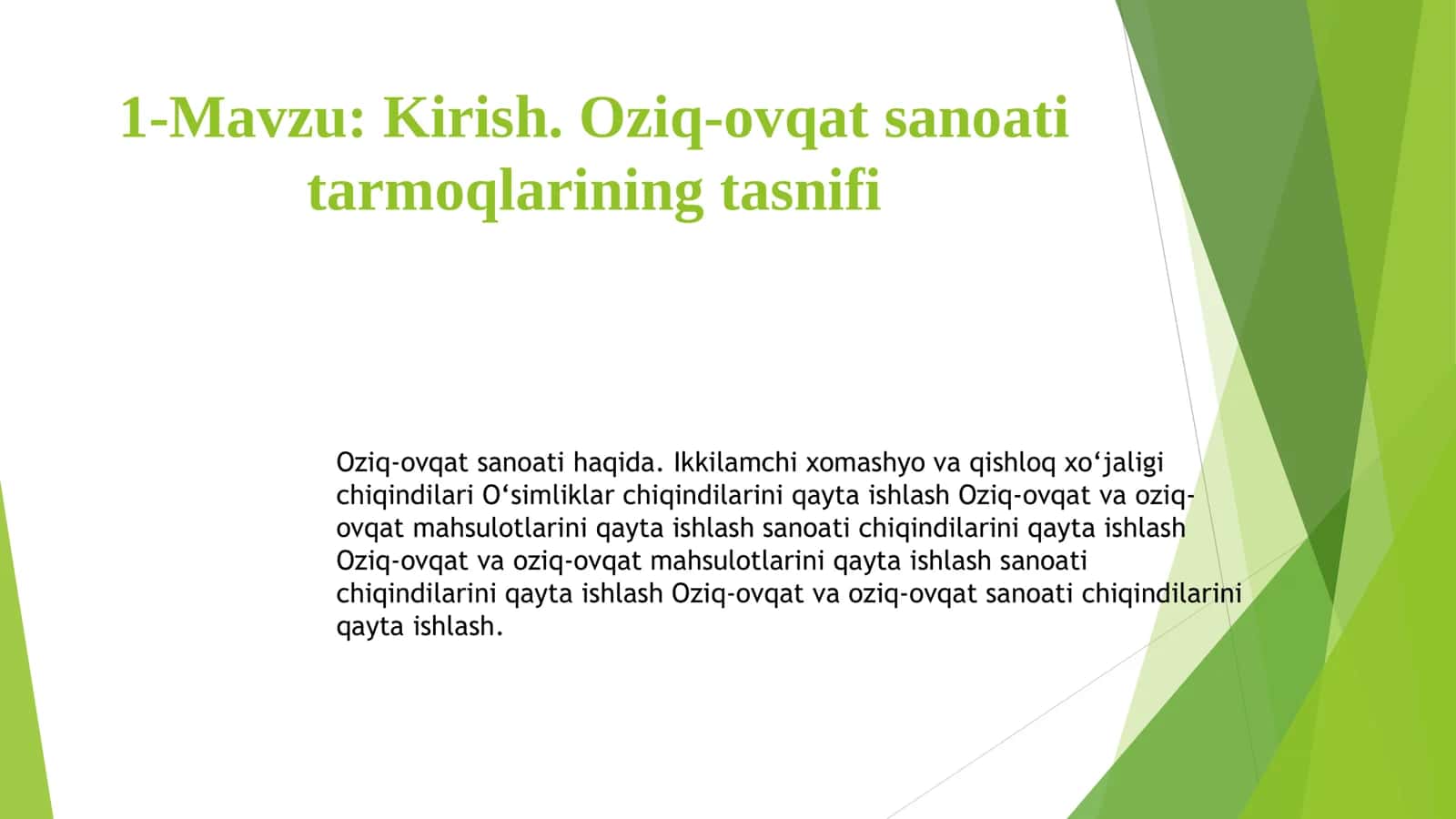 Oziq-ovqat sanoati tarmoqlarining tasnifi