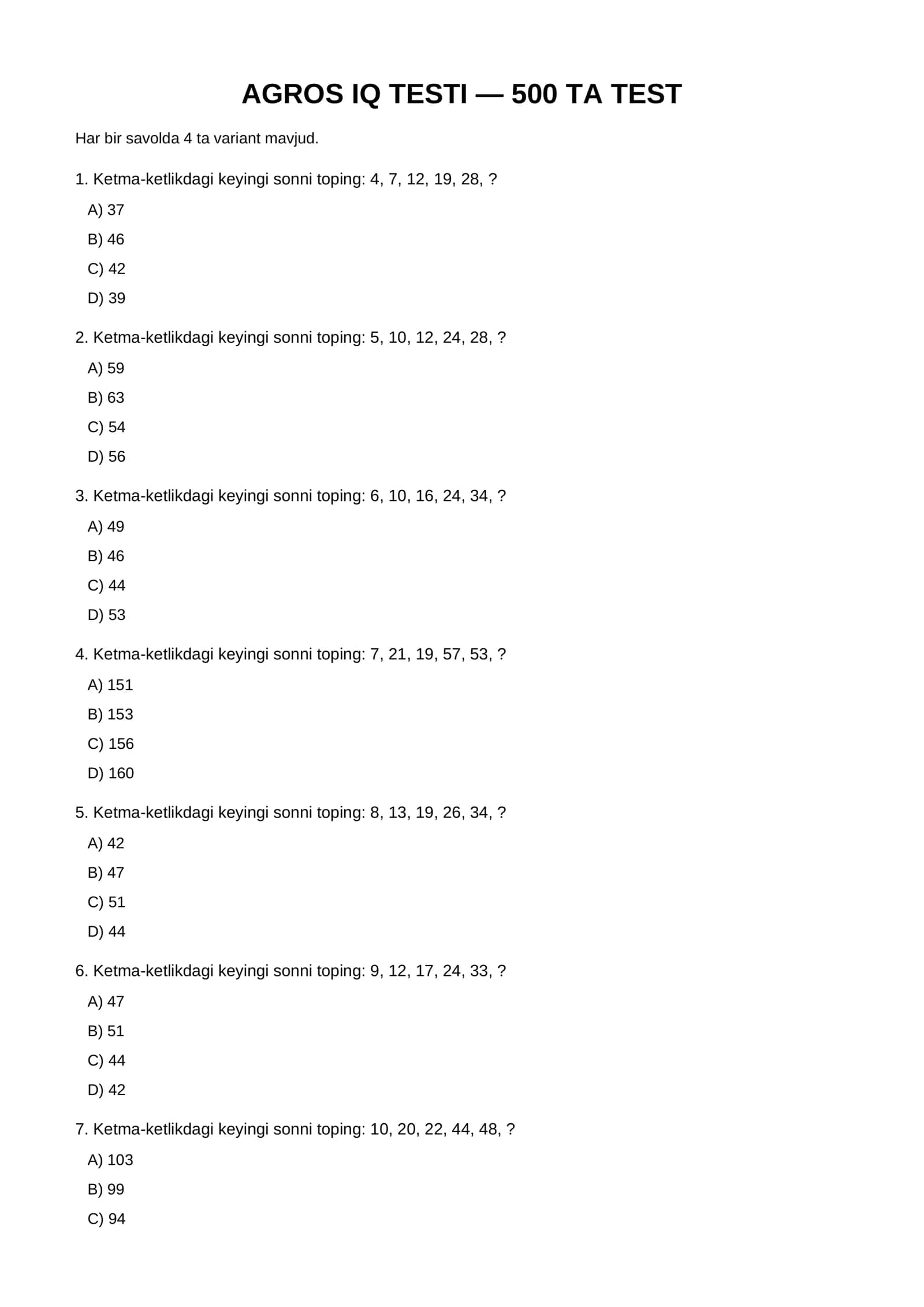 Agros IQ Test — 500 ta mantiqiy test va javoblar
