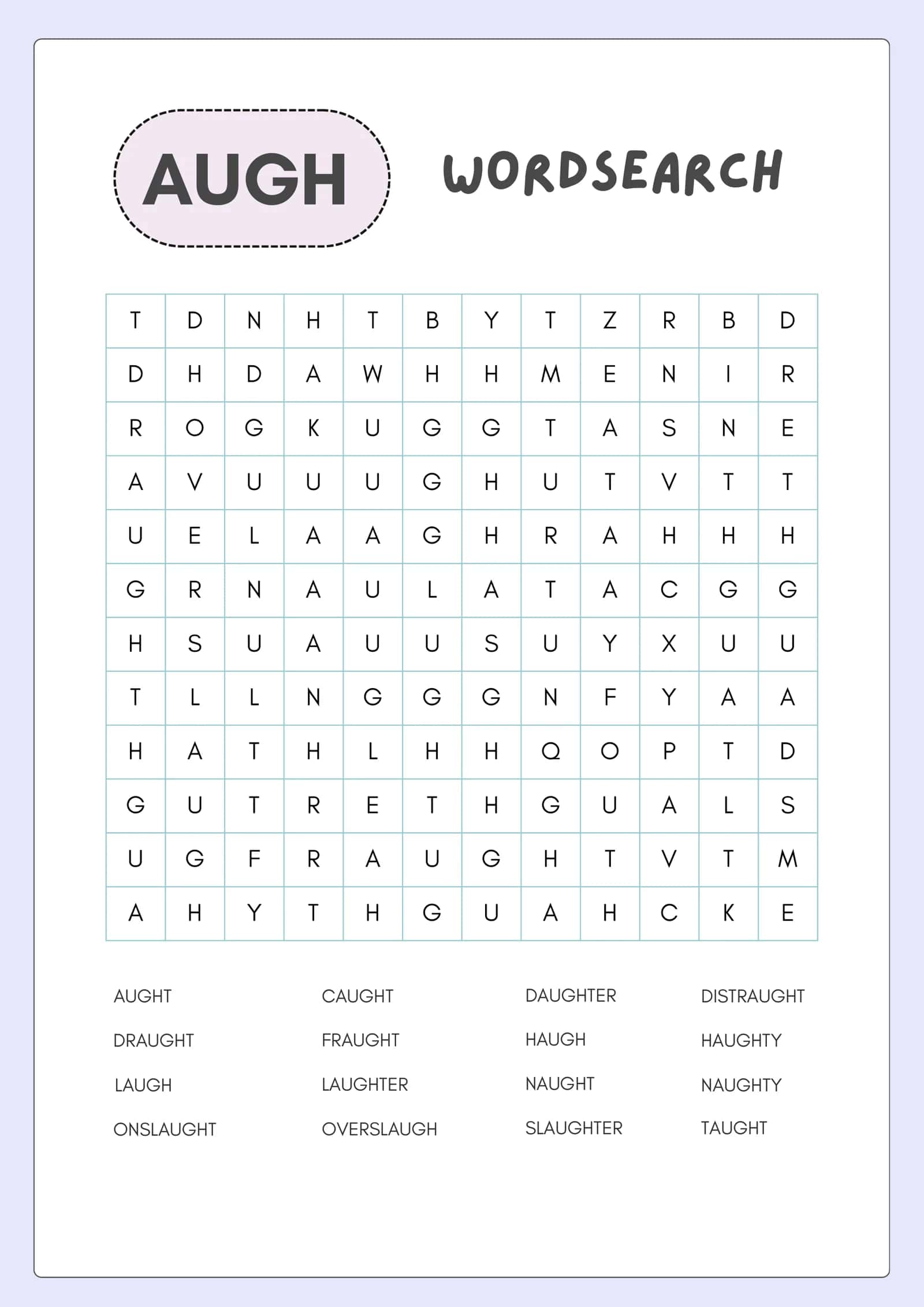 Ingliz tili Fonetika O‘yini: -AUGH- So‘z Qidirish (Wordsearch) — Chop etishga tayyor (PDF)