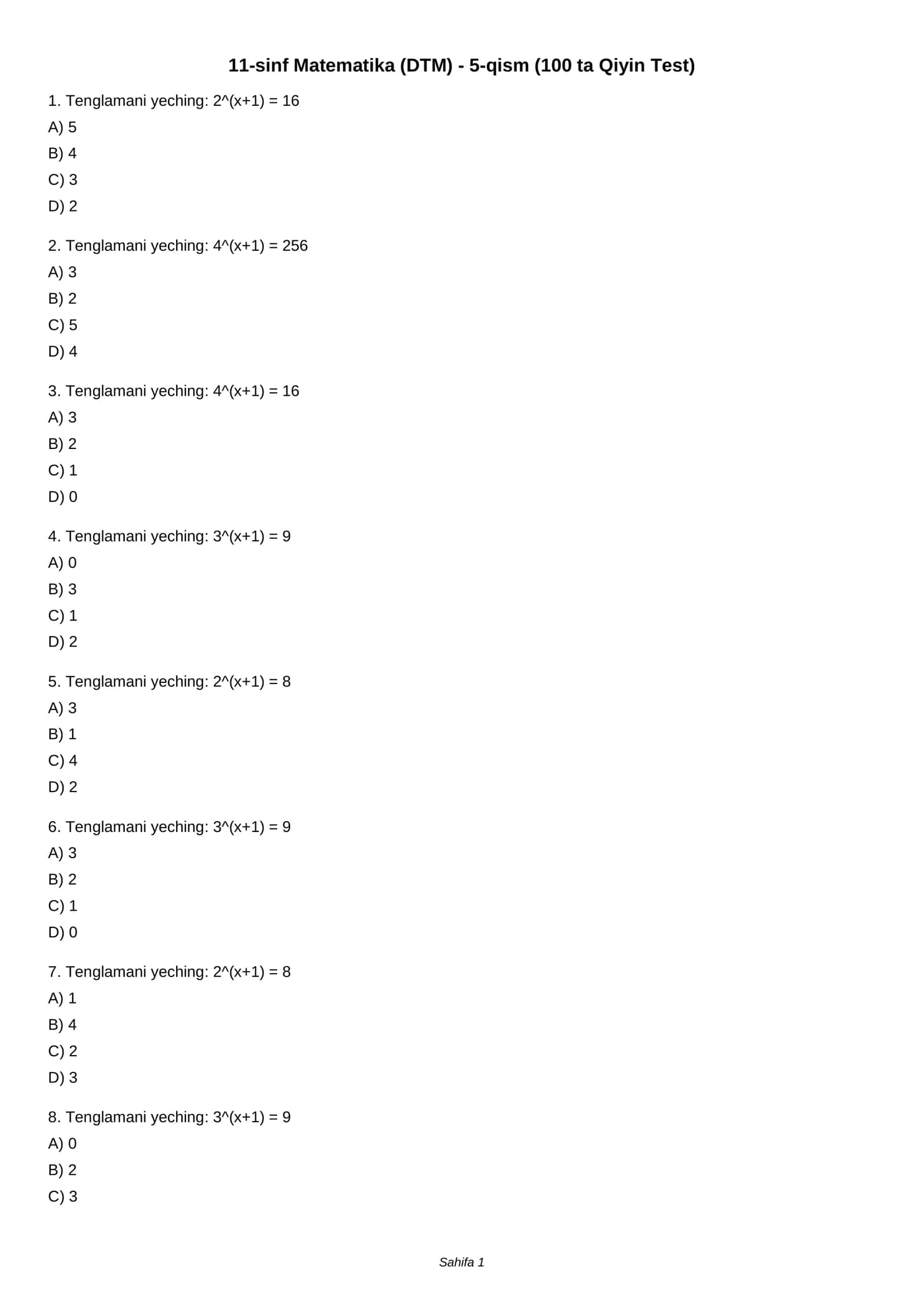 11-sinf Matematika (DTM) - 5-qism (100 ta Qiyin Test)