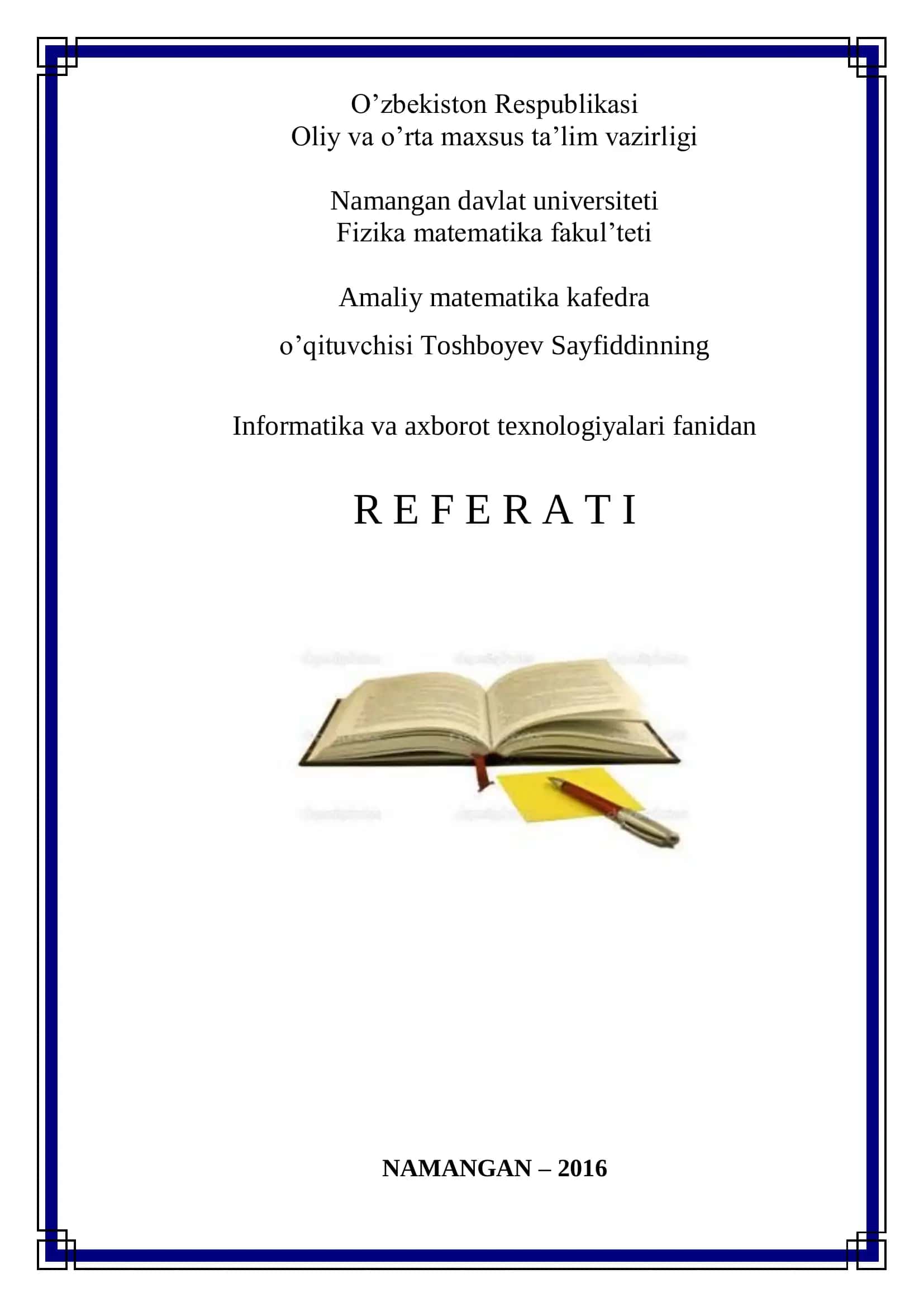 Informatika va axborot texnologiyalari fanidan Referat