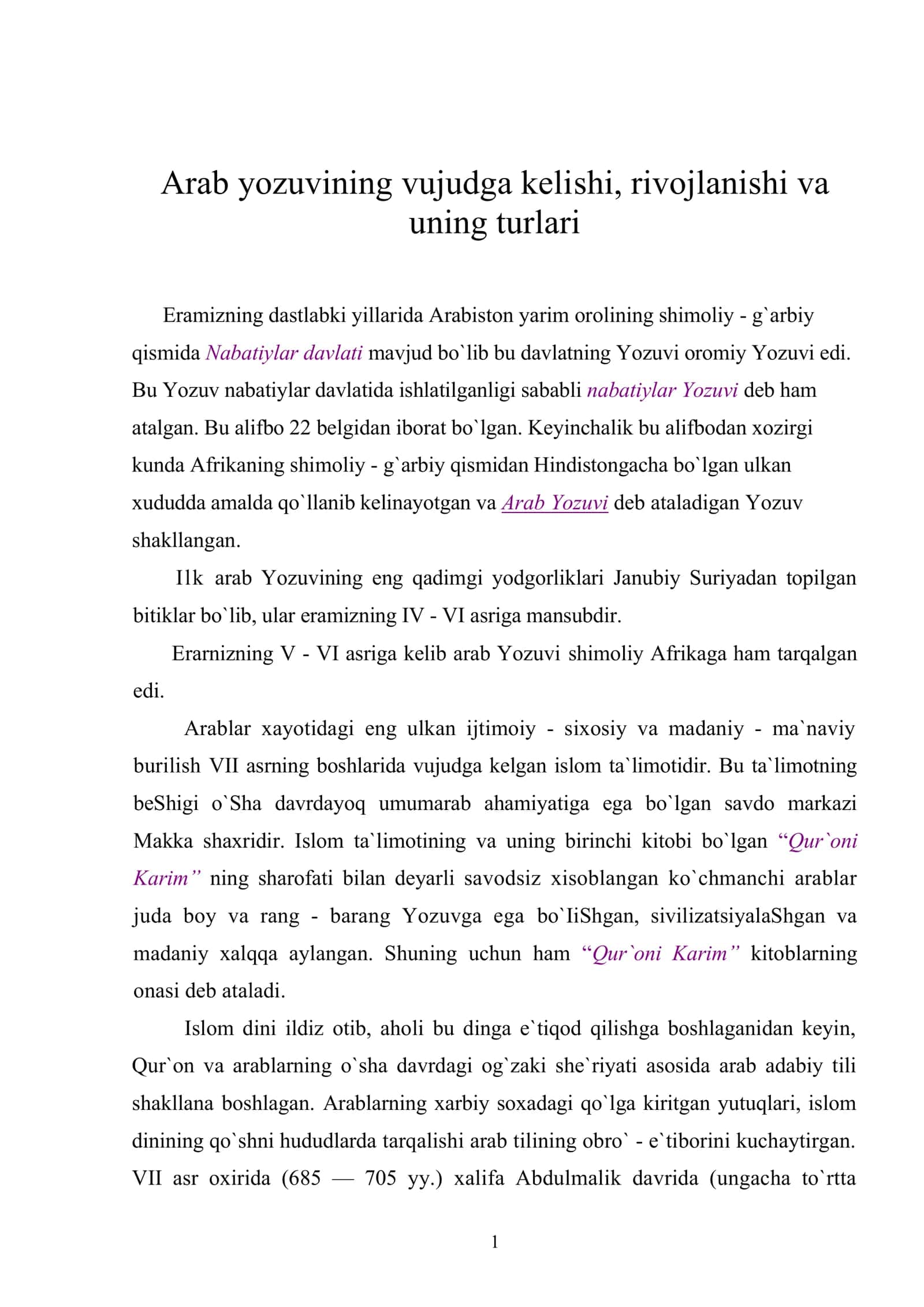 Arab yozuvining vujudga kelishi, rivojlanishi va uning turlari