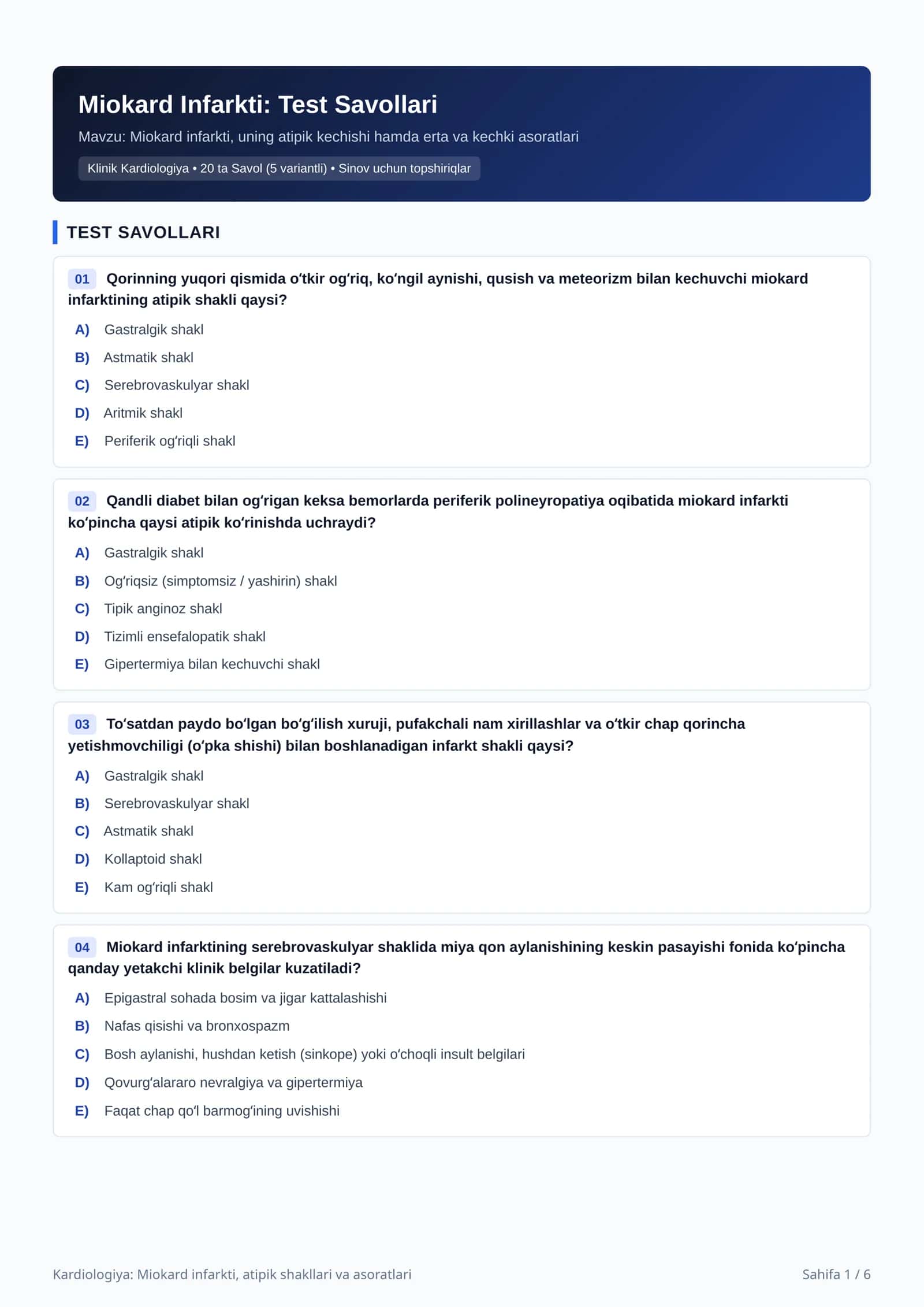 Miokard Infarkti: Test Savollari
