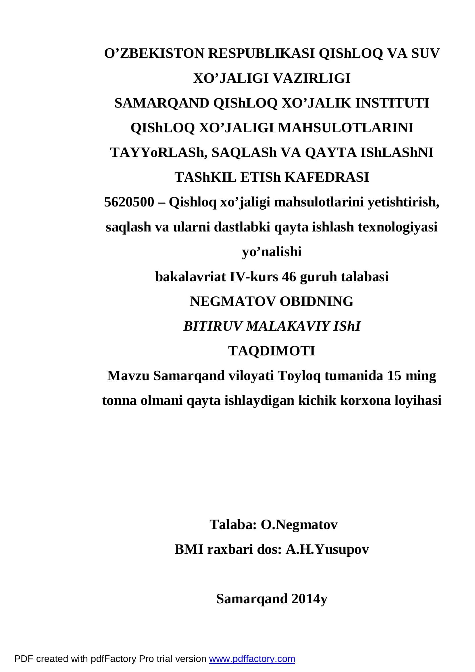 Qishloq xo’jaligi mahsulotlarini yetishtirish, saqlash va ularni dastlabki qayta ishlash texnologiyasi
