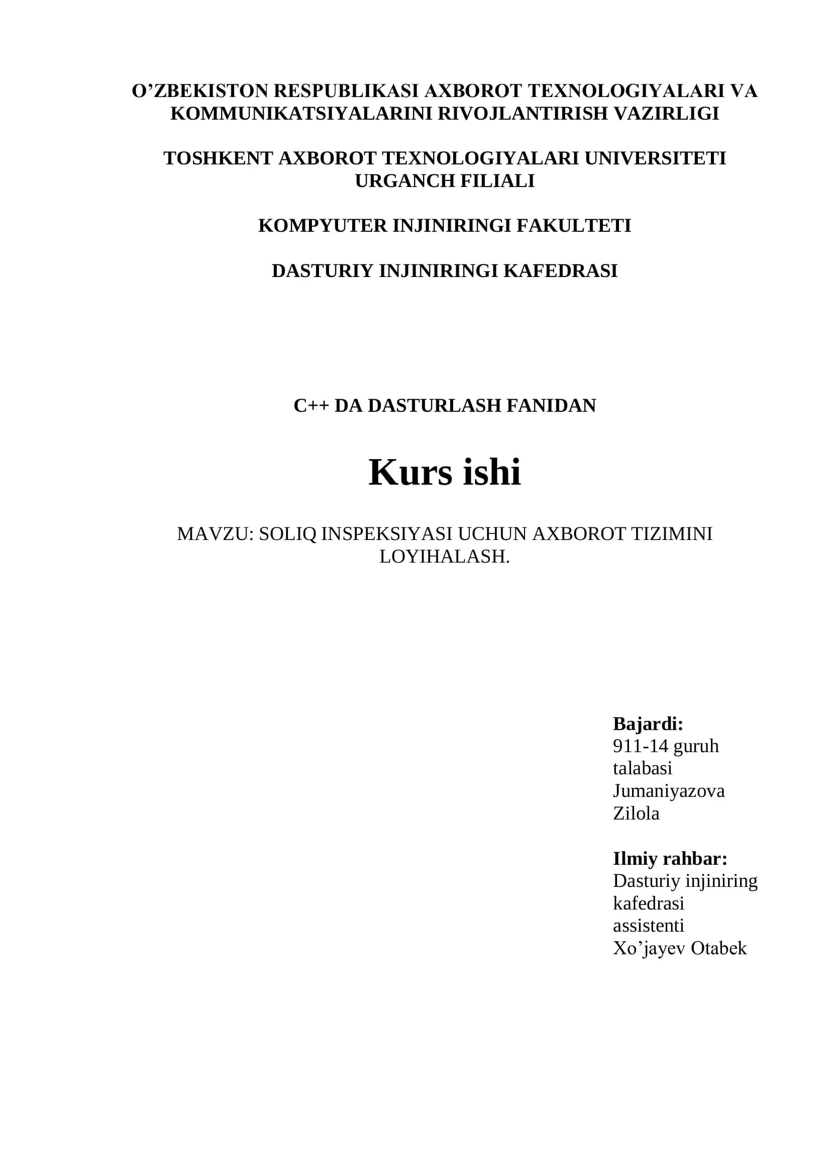 SOLIQ INSPEKSIYASI UCHUN AXBOROT TIZIMINI LOYIHALASH
