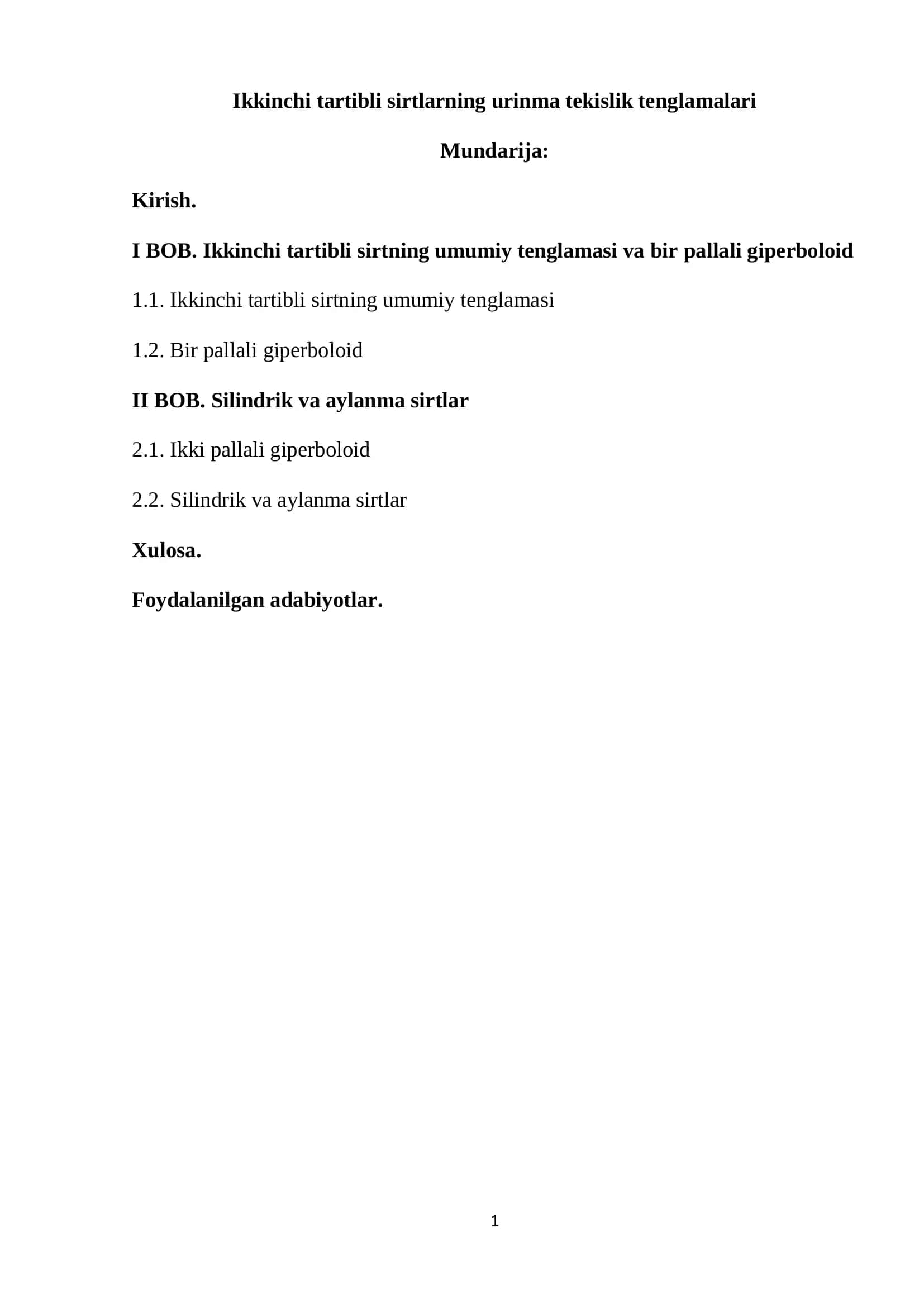 Ikkinchi tartibli sirtlarning urinma tekislik tenglamalari