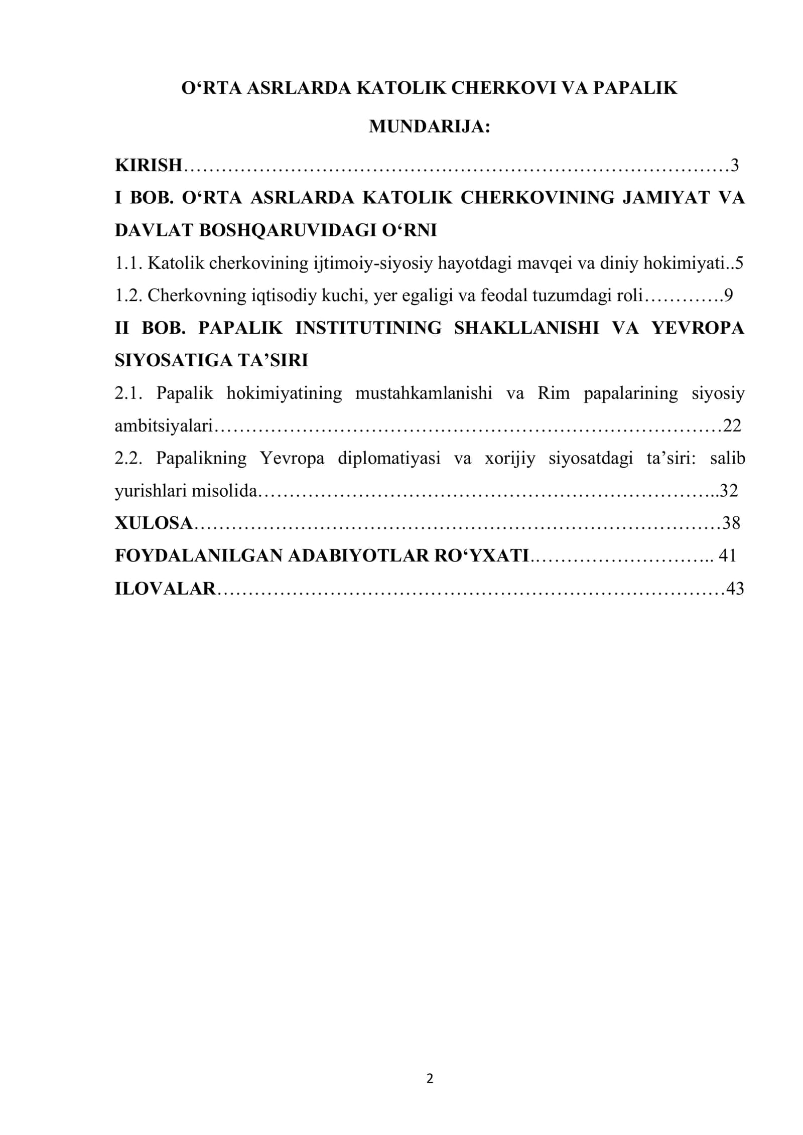 OʻRTA ASRLARDA KATOLIK CHERKOVI VA PAPALIK