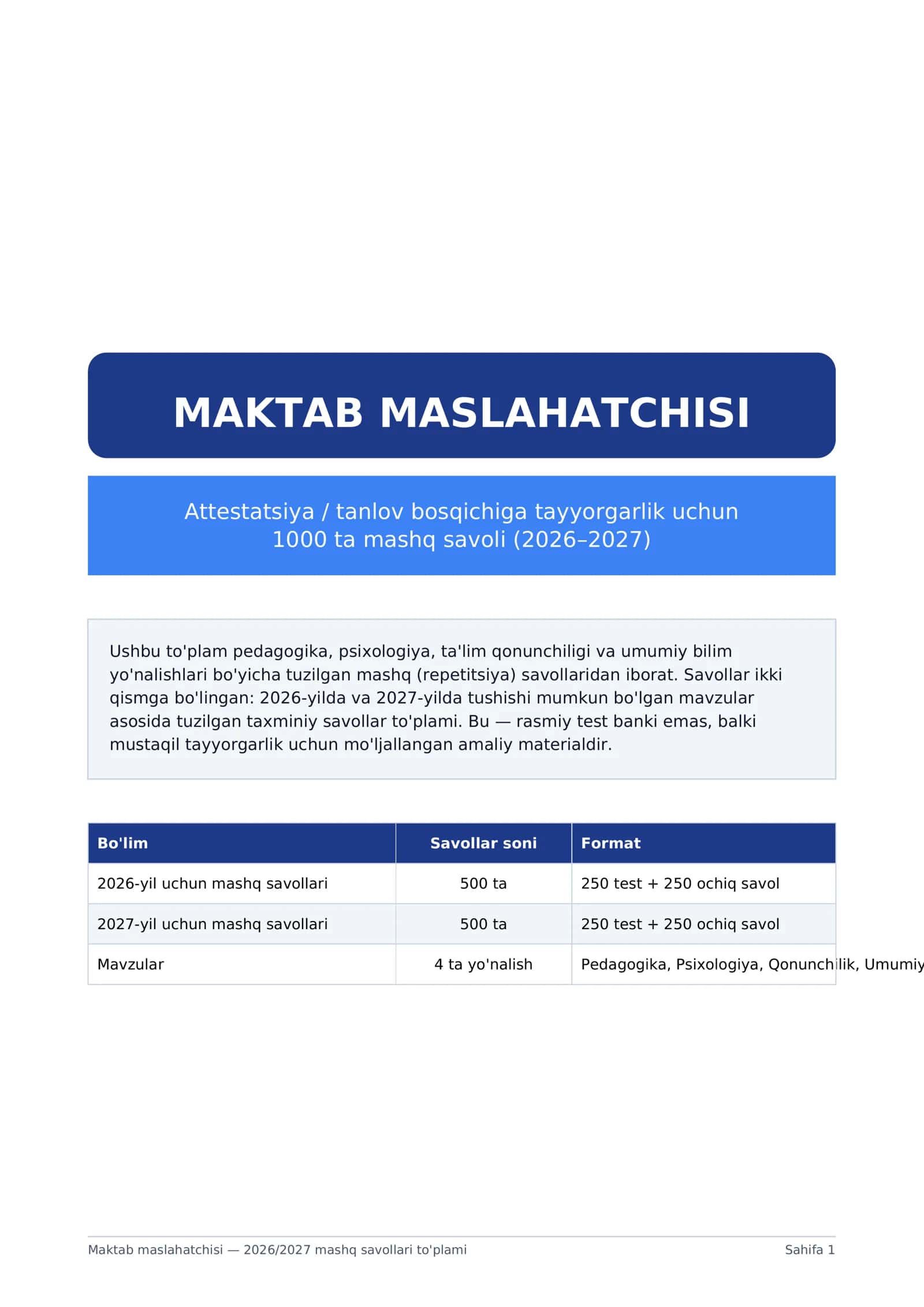 Maktab maslahatchisi — 2026/2027 mashq savollari to'plami