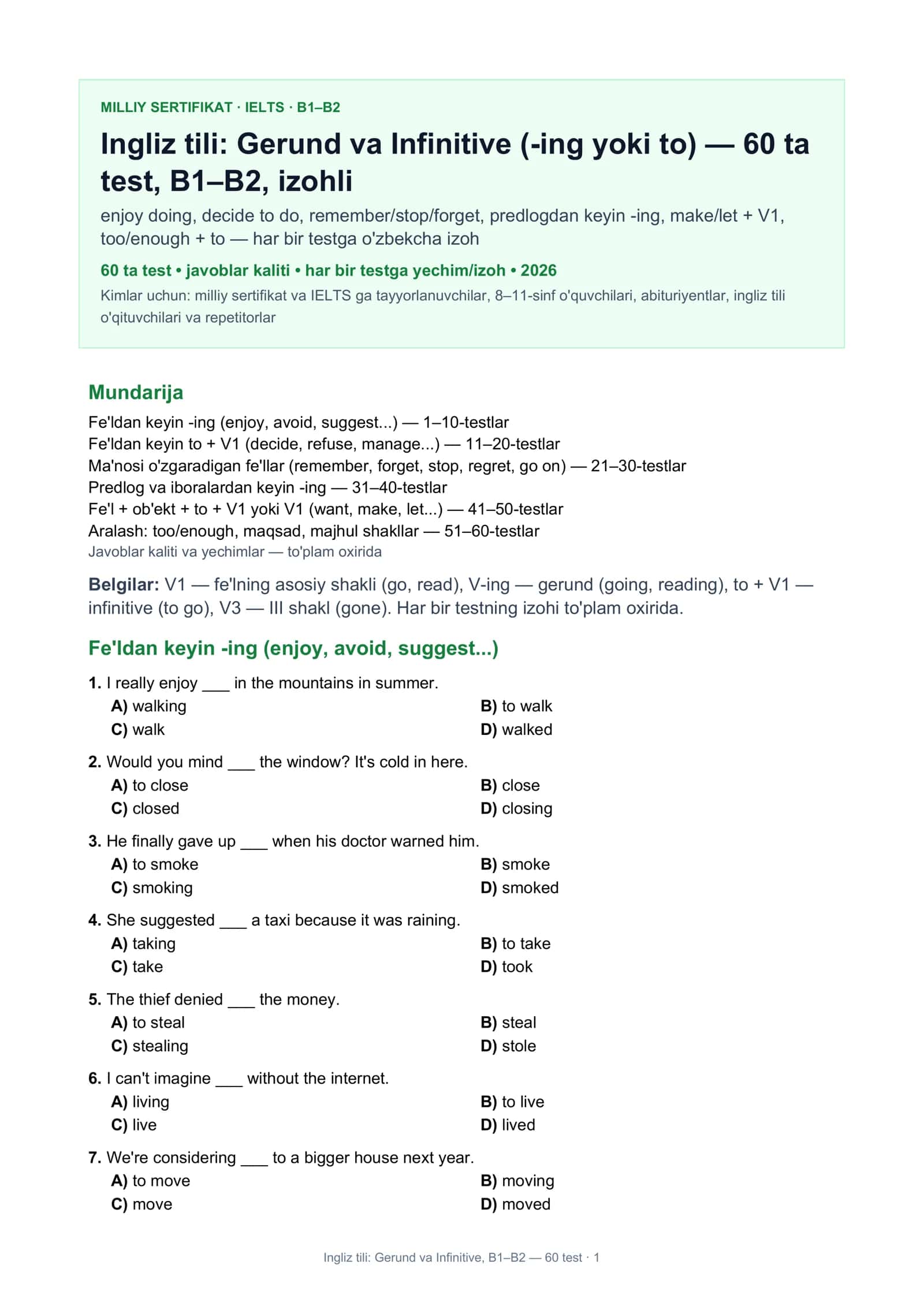 Ingliz tili: Gerund va Infinitive, B1–B2