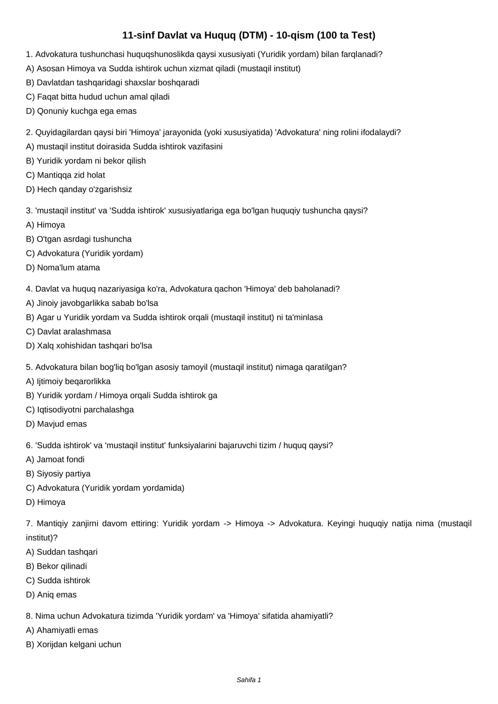 11-sinf Davlat va Huquq (DTM) - 10-qism (100 ta Test)