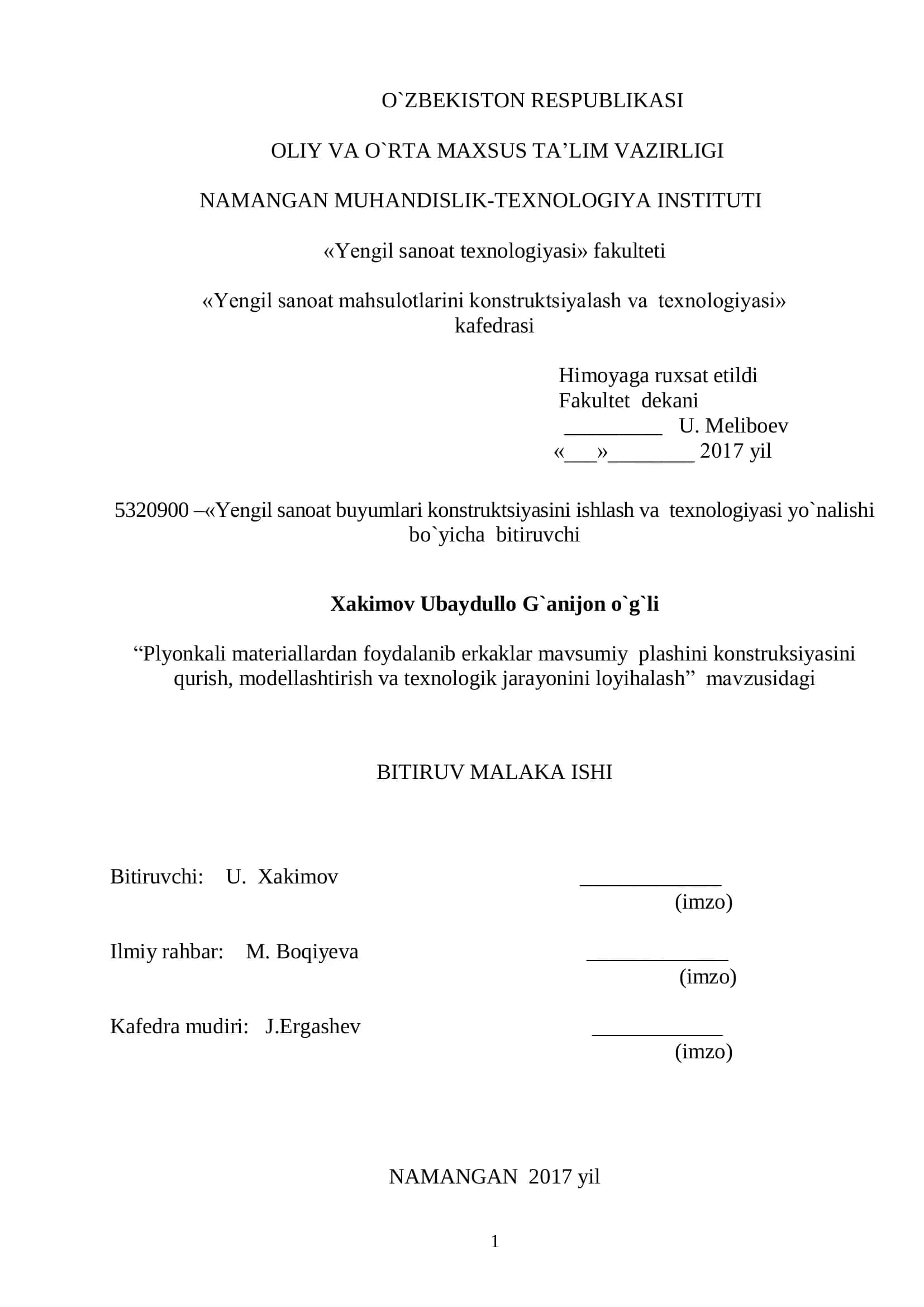Yengil sanoat buyumlari konstruktsiyasini ishlash va texnologiyasi