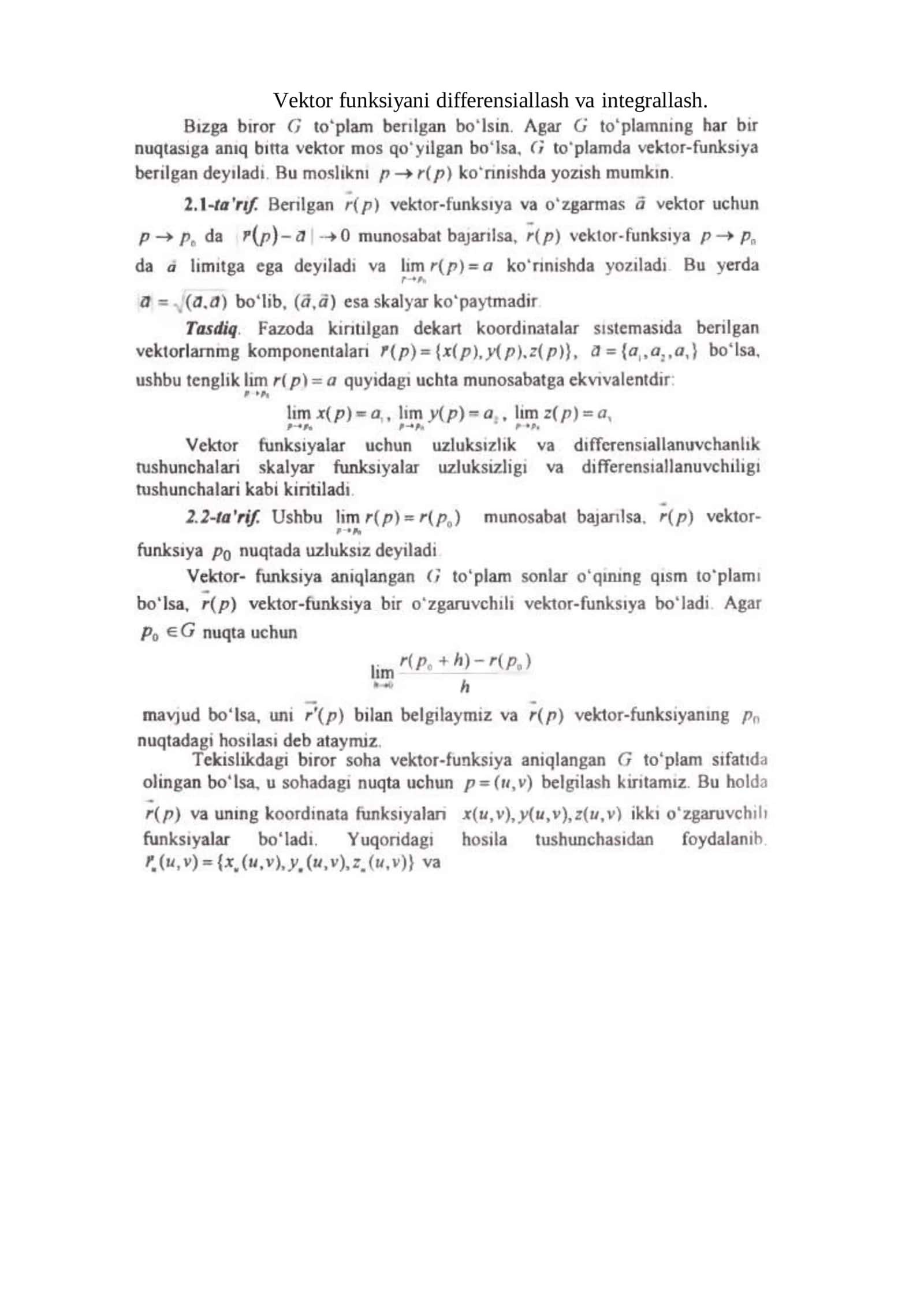 Vektor funksiyani differensiallash va integrallash