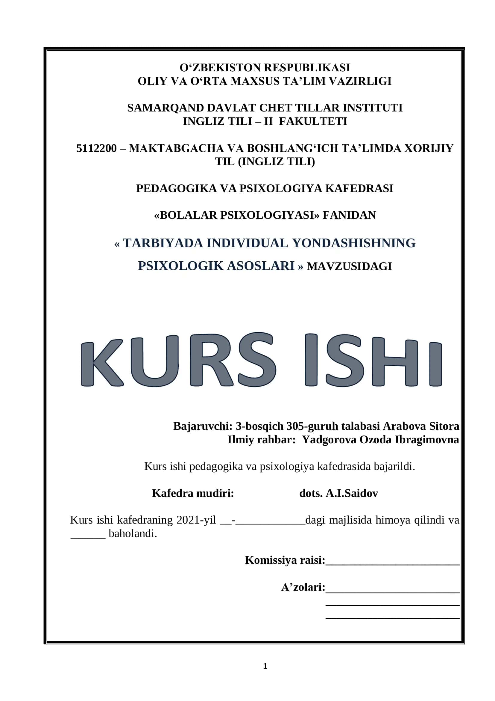 TARBIYADA INDIVIDUAL YONDASHISHNING PSIXOLOGIK ASOSLARI