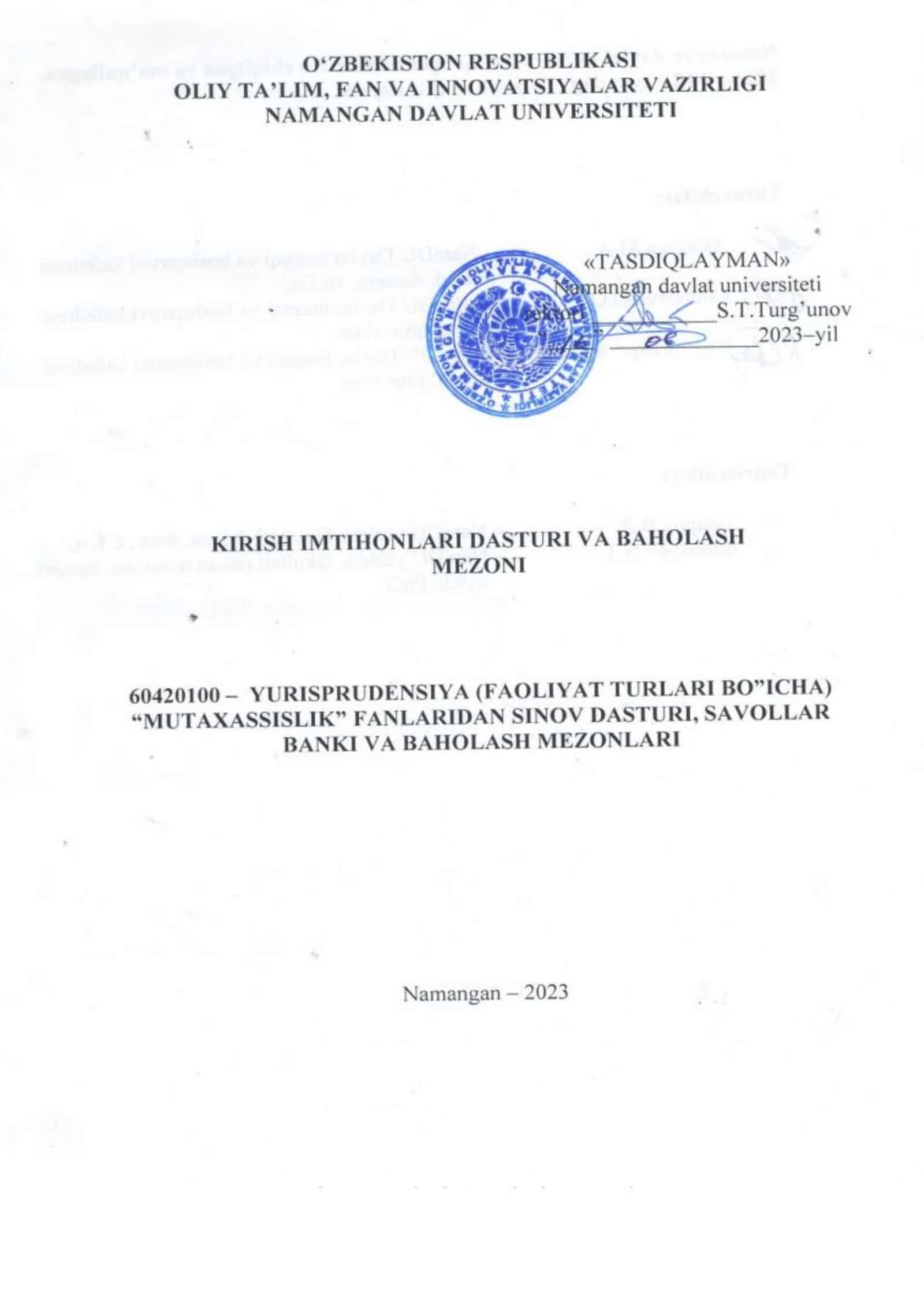 Huquqshunoslik fanlari bo'yicha tuzilgan ushbu dastur