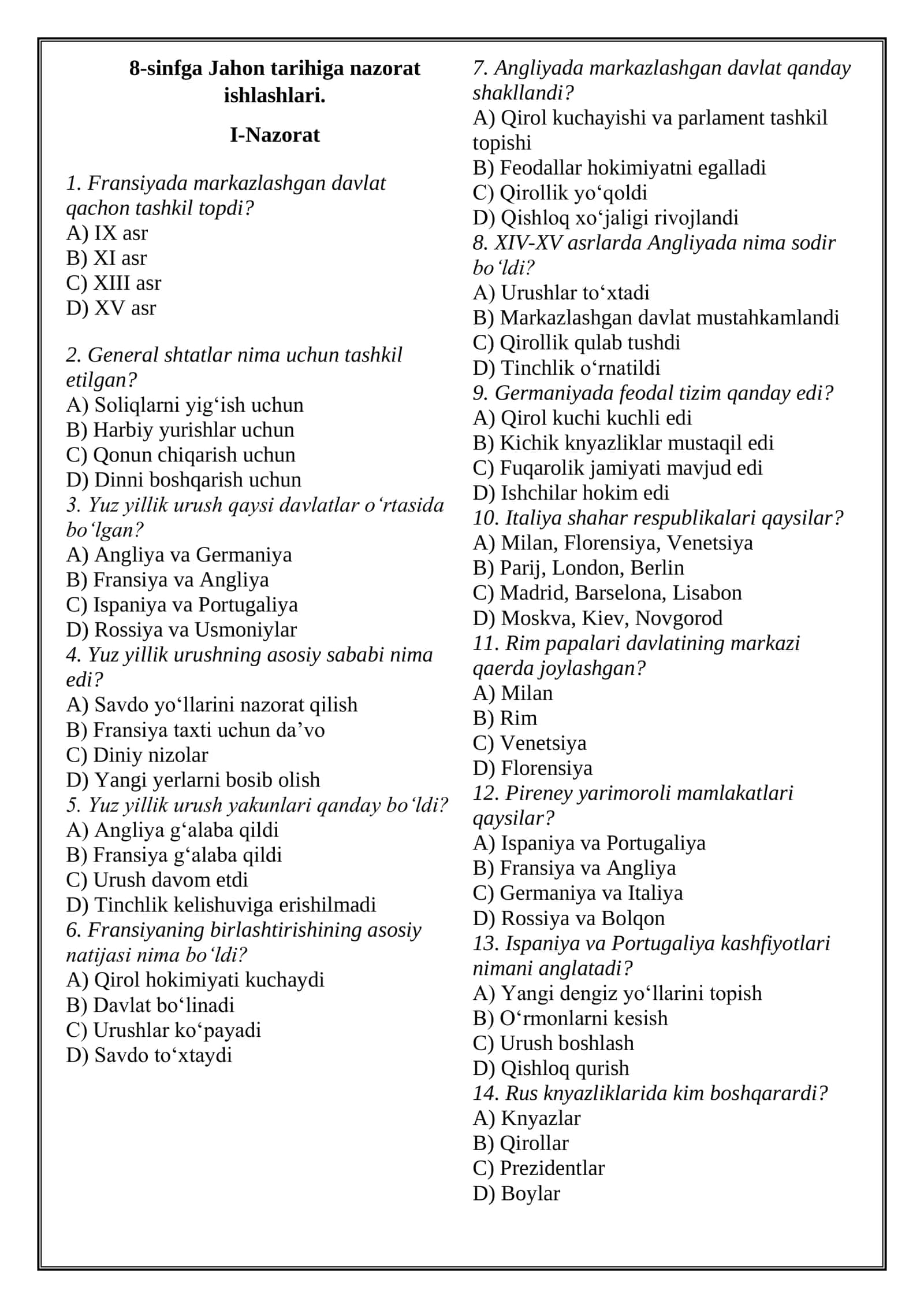 8-sinfga Jahon tarihiga nazorat ishi kitobchasi YANGI DARSLIK