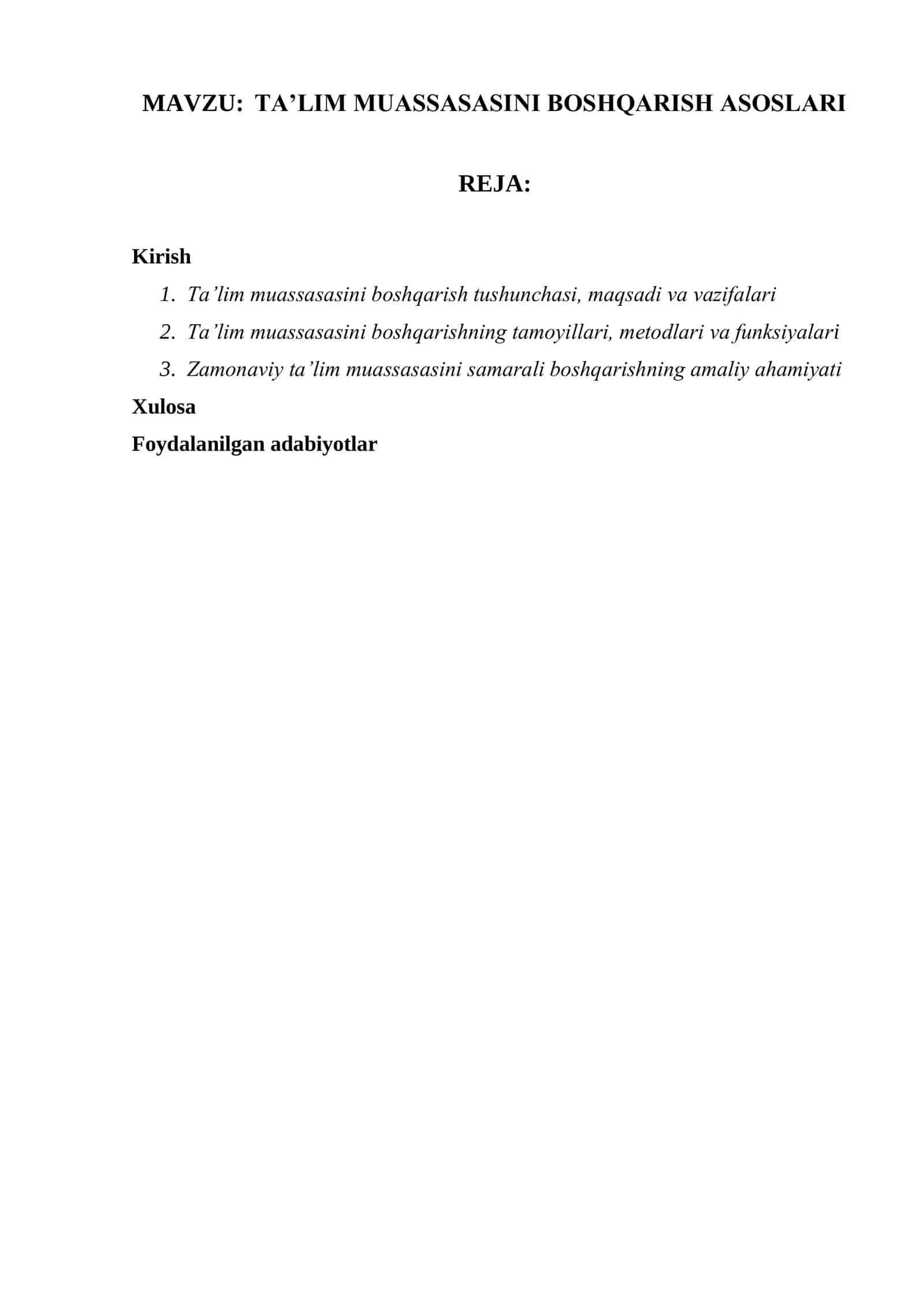 Ta’lim muassasasini boshqarish asoslari