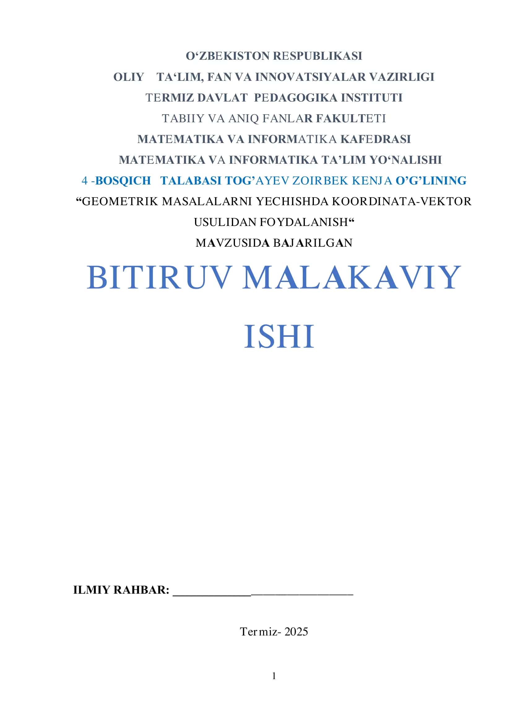 GEOMETRIK MASALALARNI YECHISHDA KOORDINATA-VEKTOR USULIDAN FOYDALANISH