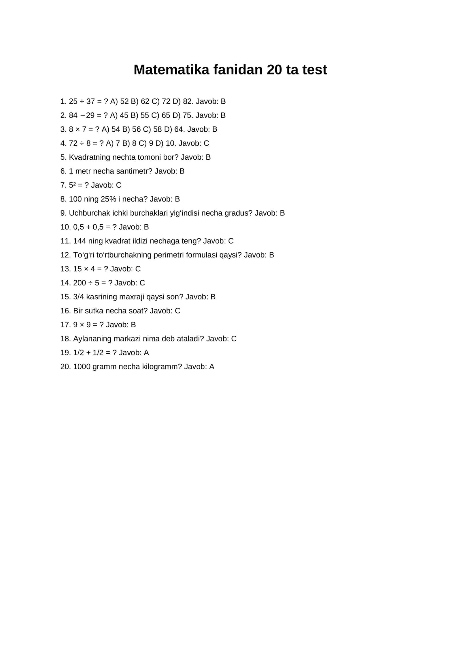 Matematika fanidan test
