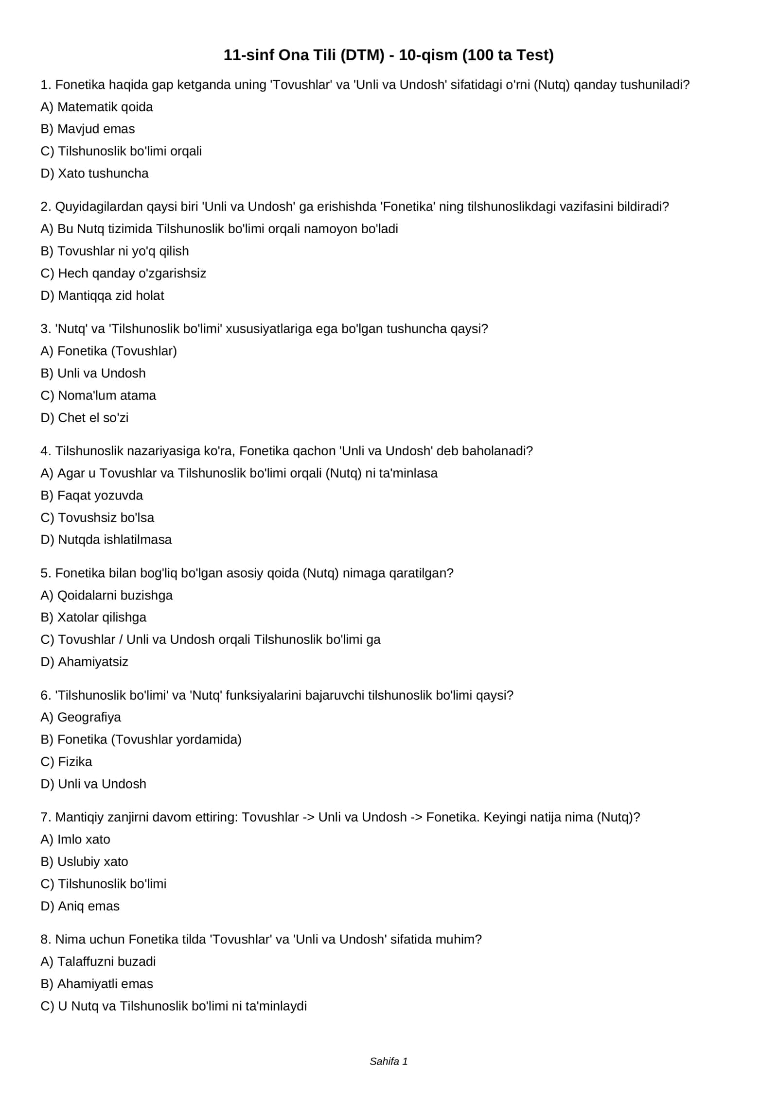 11-sinf Ona Tili (DTM) - 10-qism (100 ta Test)