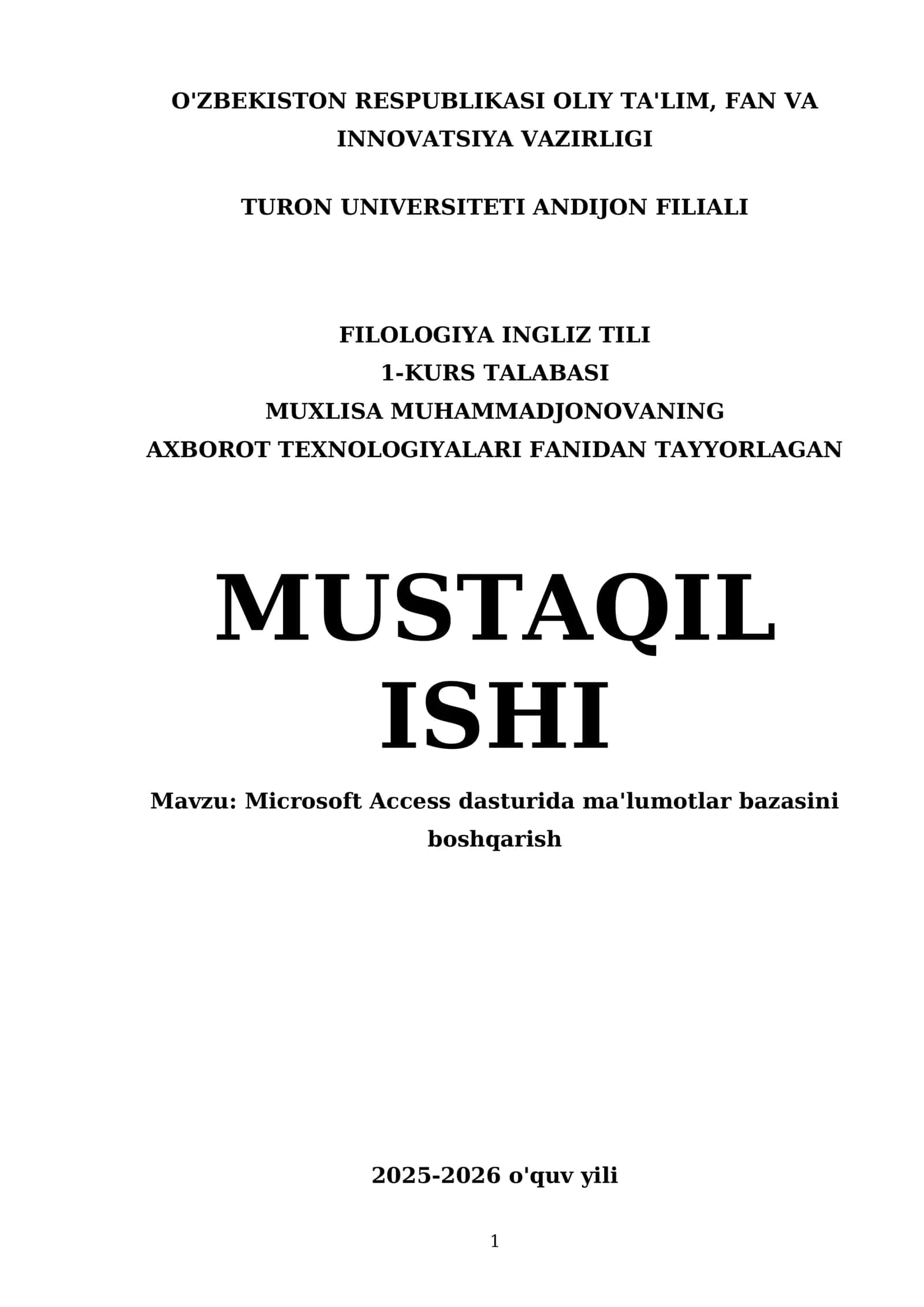 Microsoft Access dasturida ma'lumotlar bazasini boshqarish