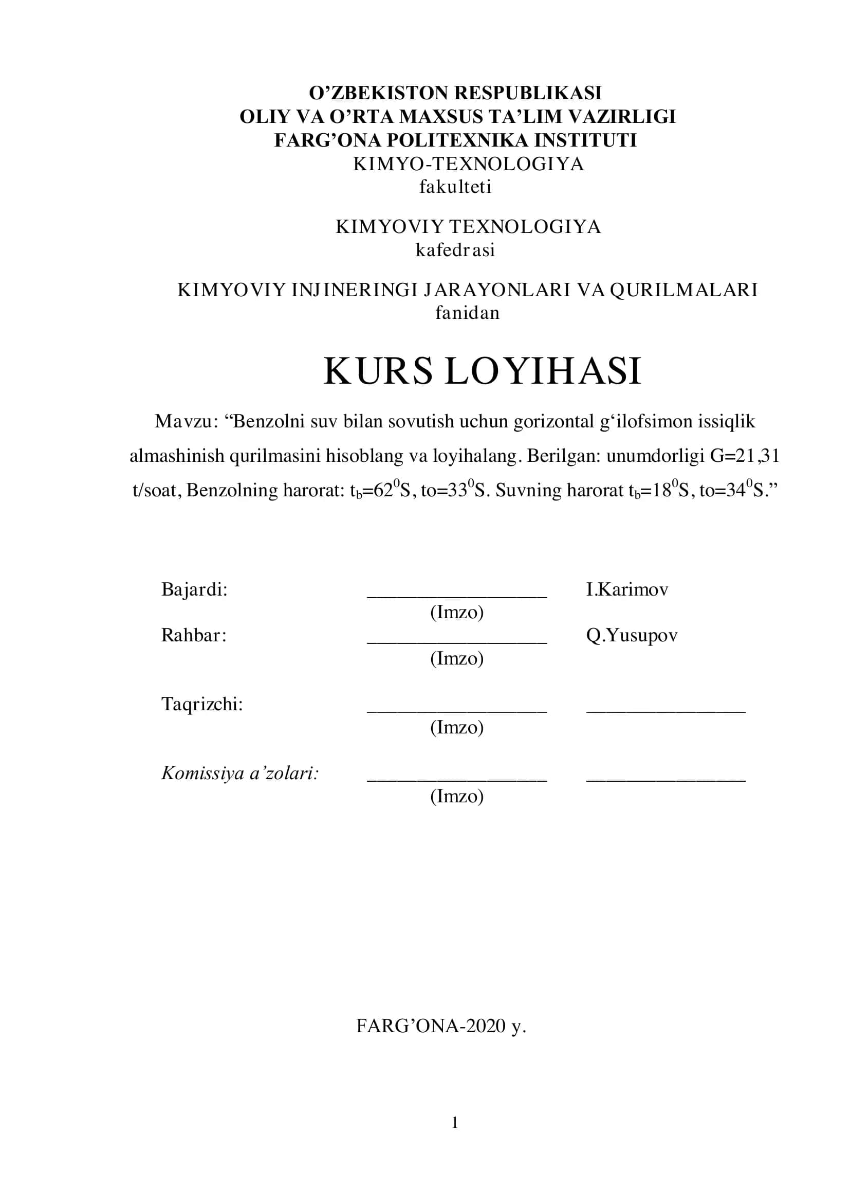 KIMYOVIY INJINERING JARAYONLARI VA QURILMALARI