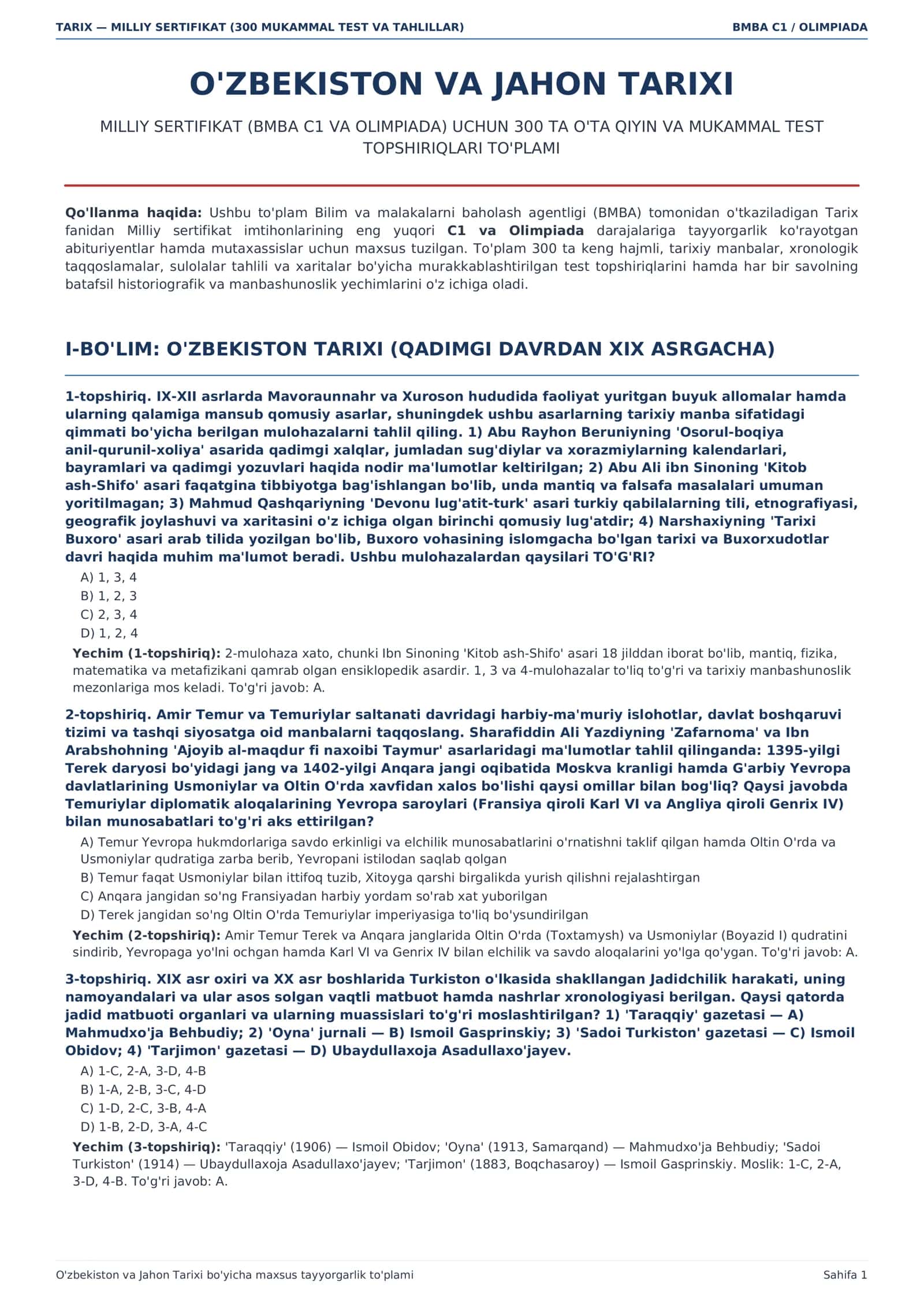 TARIX — MILLIY SERTIFIKAT (300 MUKAMMAL TEST VA TAHLILLAR)