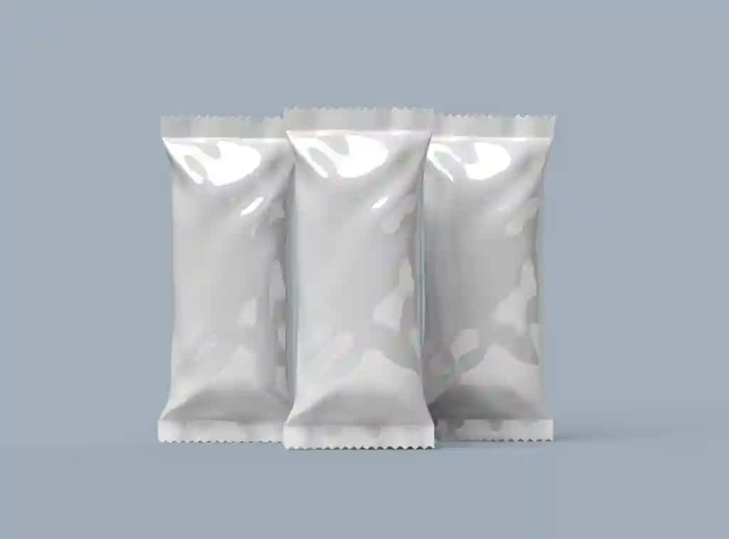 3D render porloq umumiy muhrlangan muzqaymoq qadoqlash sumkasi, qirralari qiyshiq, ochiq fonda | 3d render glossy generic sealed icecream packaging bag with crimped edges light background