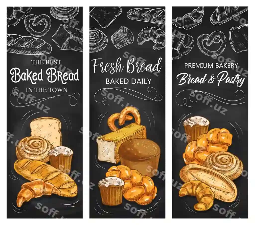 Pechenya Non Patiseriya Buns Chizma Bannerlar | Bakery bread patisserie buns sketch banners