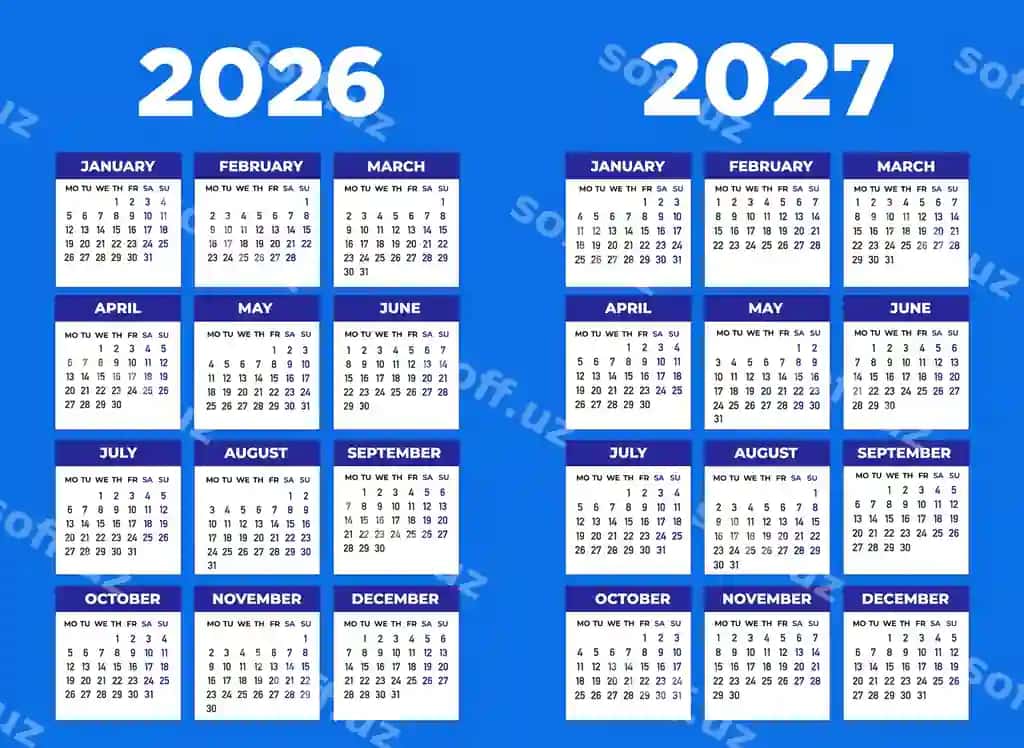 Taqvimlar 2026 2027 | Calendars 2026 2027