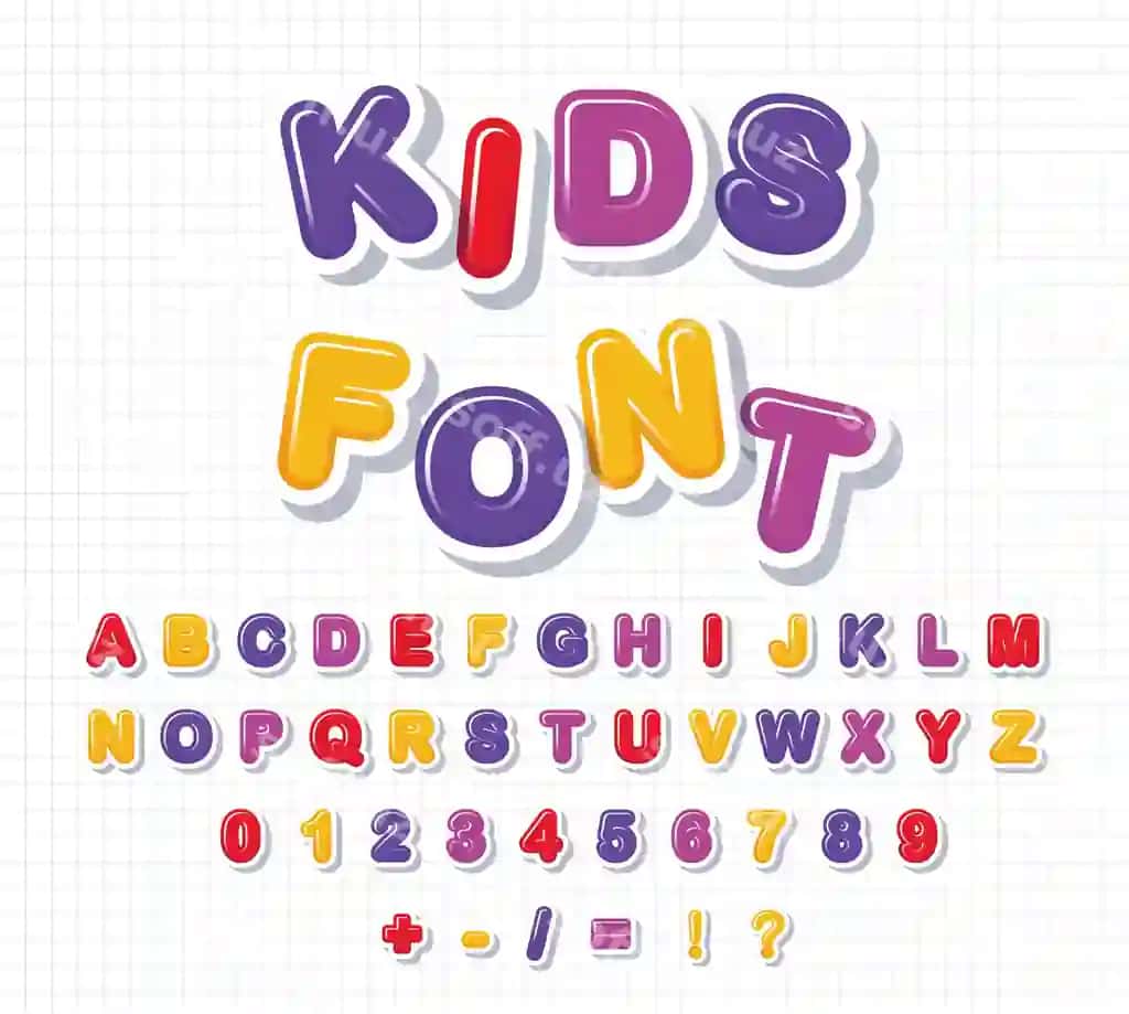 Bolalik o'yinchoq rangli tipografik dizayn bolalar uchun shrift multfilm harflar | Childish playful color typographic design kid font cartoon letters