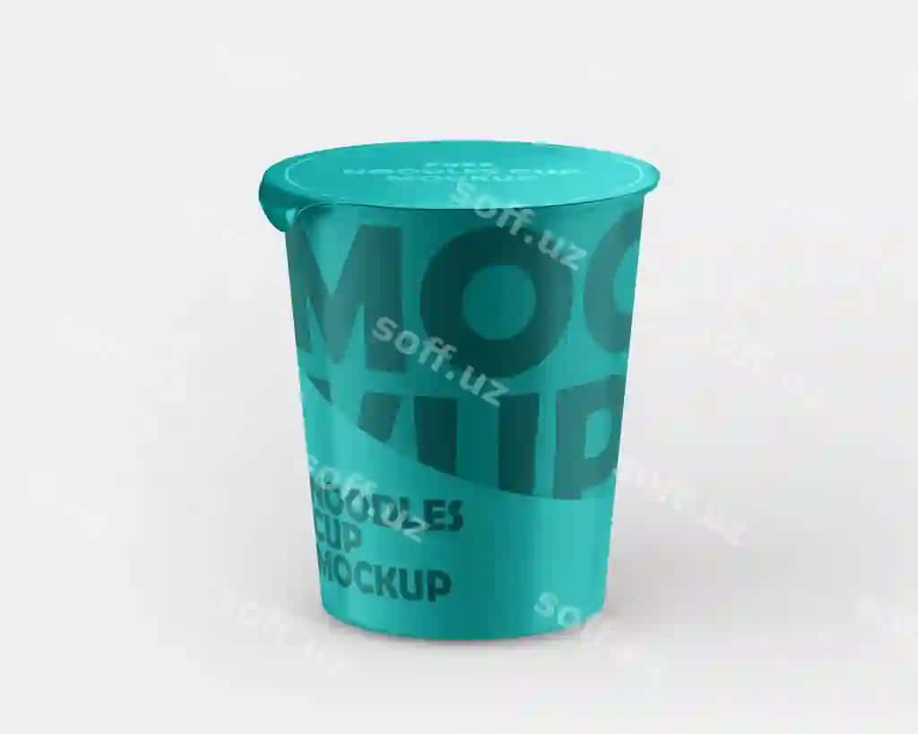 Ko'k moo noodles choy qozon namunasi | Blue container that says moo noodles cup mockup