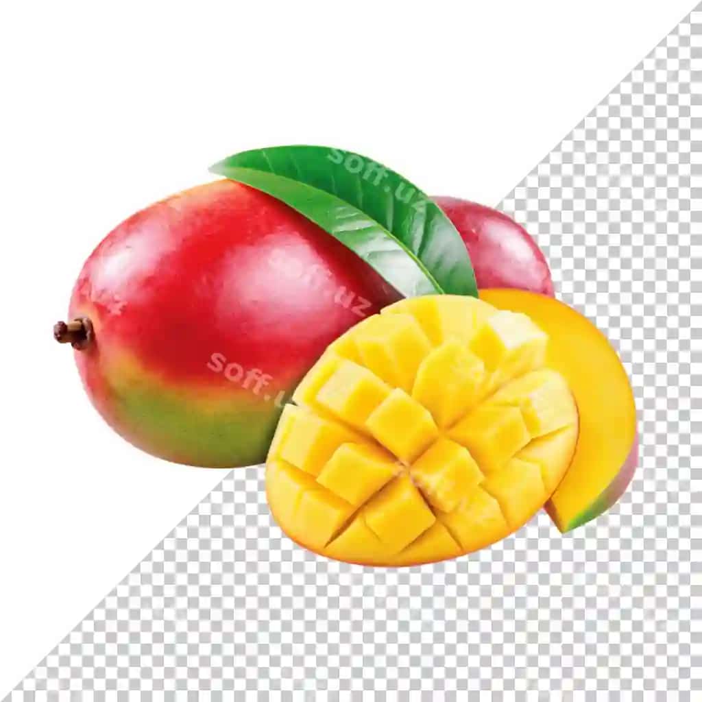 Yangi o'rgatilgan mangal kesilgan kubiklar yashil varaq ajraltirilgan shaffof | Fresh ripe mango with sliced cubes green leaf isolated transparent