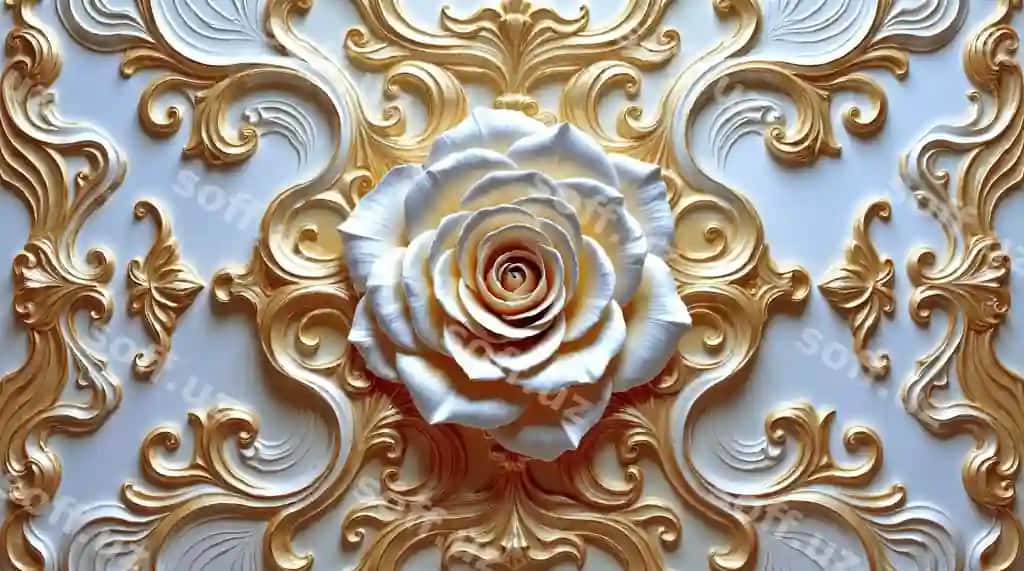 Zeb-ziynatli oltin rangli oq atirgul relyefi | Ornate gold white rose relief