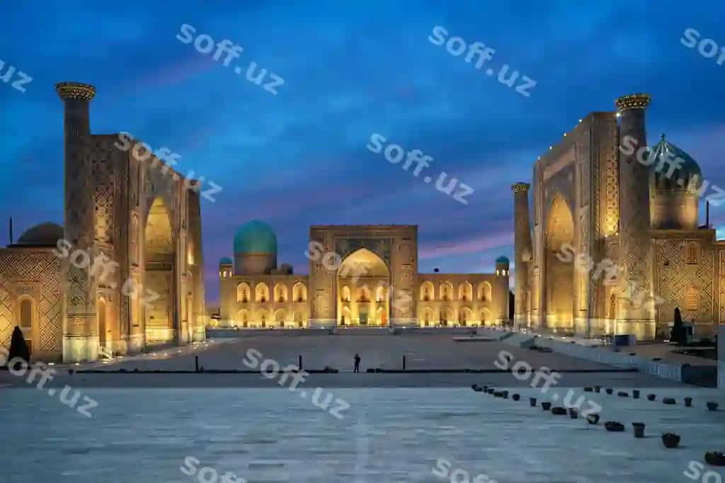 Registon maydoni, tush paytida samarqand, uzbekistan | Registan square dusk samarkand uzbekistan