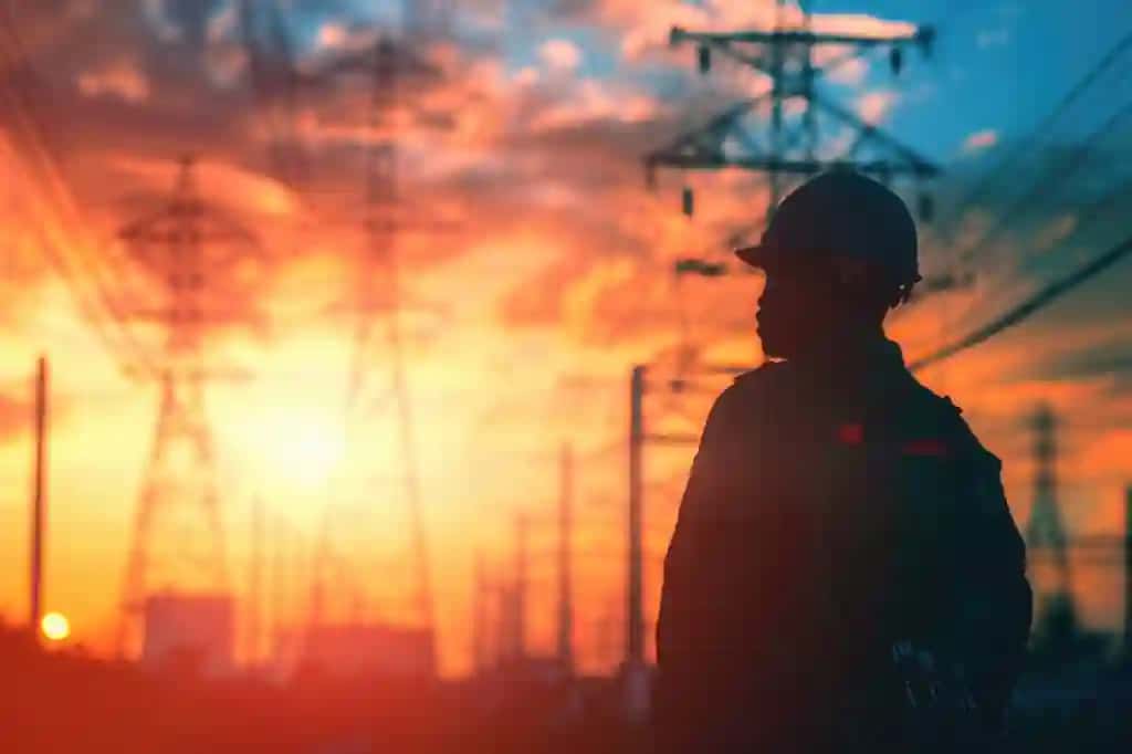 Elektr uzatish minoralari yonida turgan odam oltin soat | Person standing by electric transmission towers golden hour