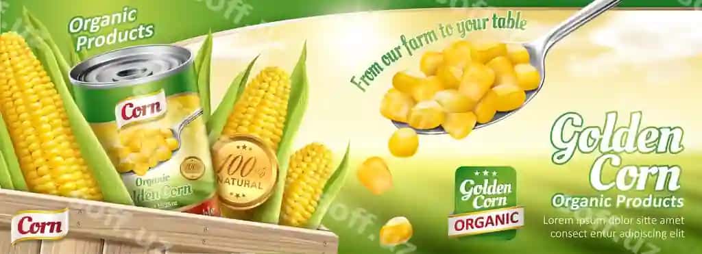Organik konserva makkajo'xori baner shirin makkajo'xori bilan | Organic canned corn banner with delicious maize
