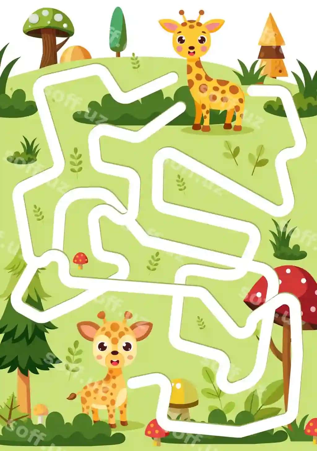 A4 orcute o'rmon labirintni topish o'yini chiroyli chaqaloq zirafa asli kirgan | A4 orcute jungle maze puzzle featuring adorable baby giraffeiginal