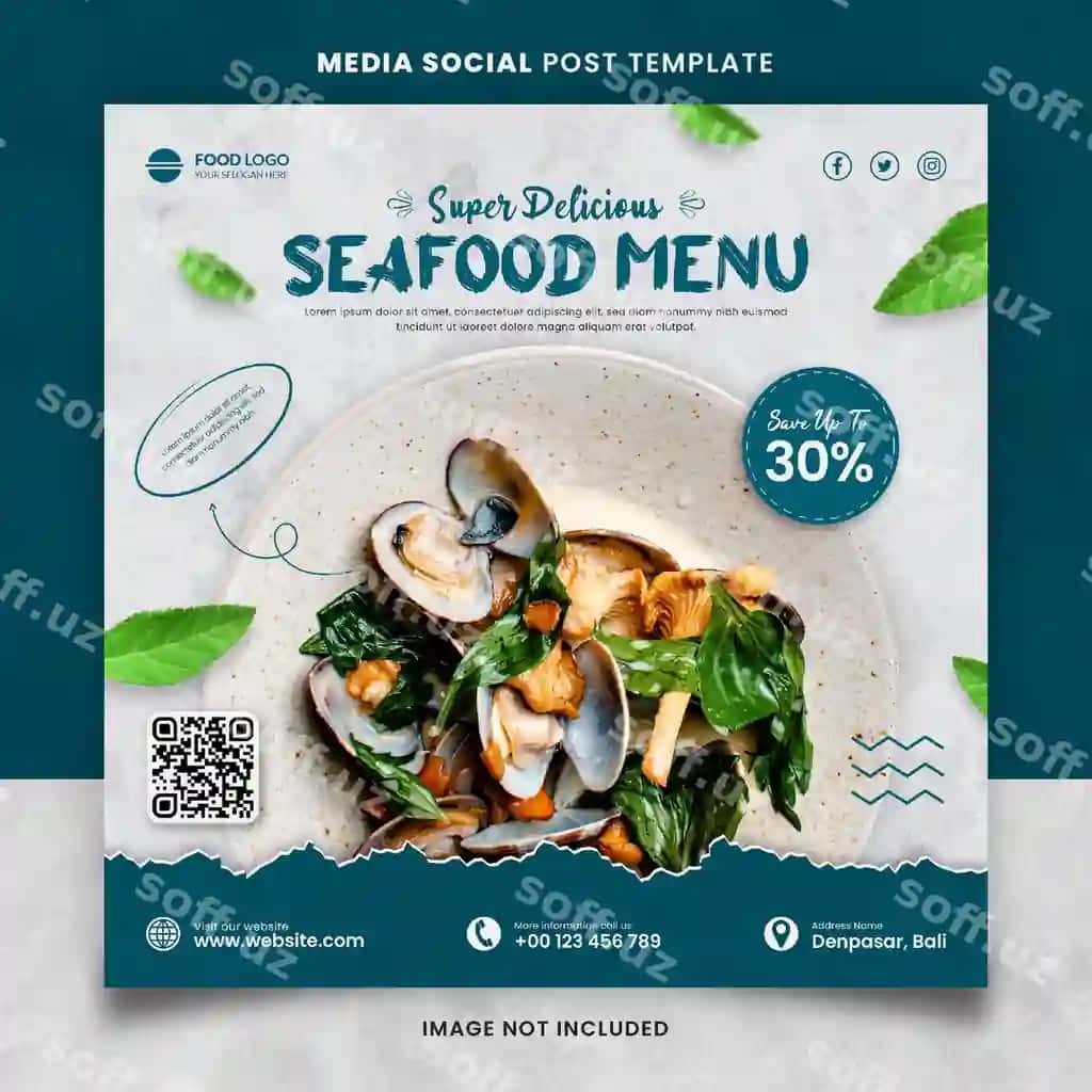 Mazali baholli restoran menyu media ijtimoiy post shabloni | Delicious seafood restaurant menu media social post template