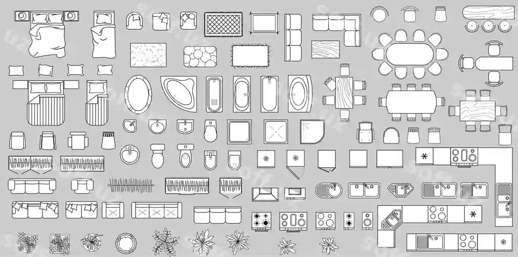 Mebel konturi yuqori ko'rinish to'plami ajraltirilgan chiziqli ikonkalar interyer vektor | Furniture outline top view set isolated linear icons interior vector