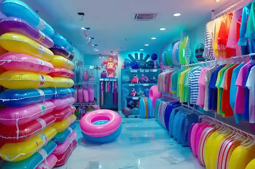 Yorqin plyaj kiyimlari shishiriladigan floats sotuvchisi generativ ai | Bright beachwear inflatable floats retailer generative ai