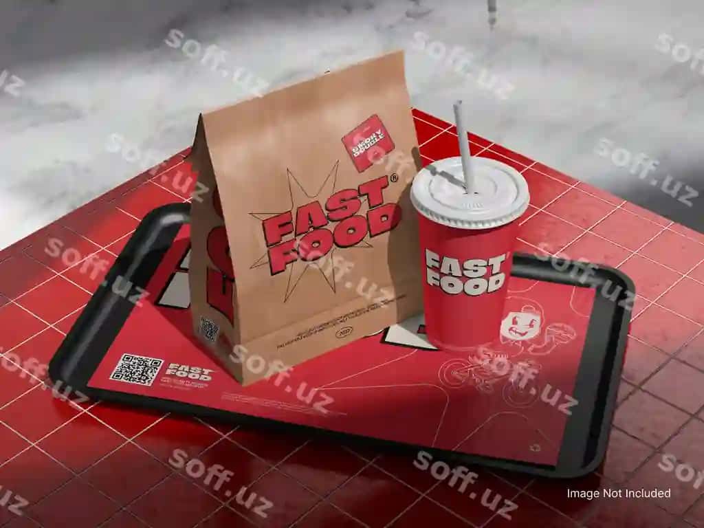 Tez ovqat qadoqlash o'zinga olib ketish qog'oz po'cha ichimlik stakani namunasi | Fast food packaging takeaway paper bag drink cup mockup