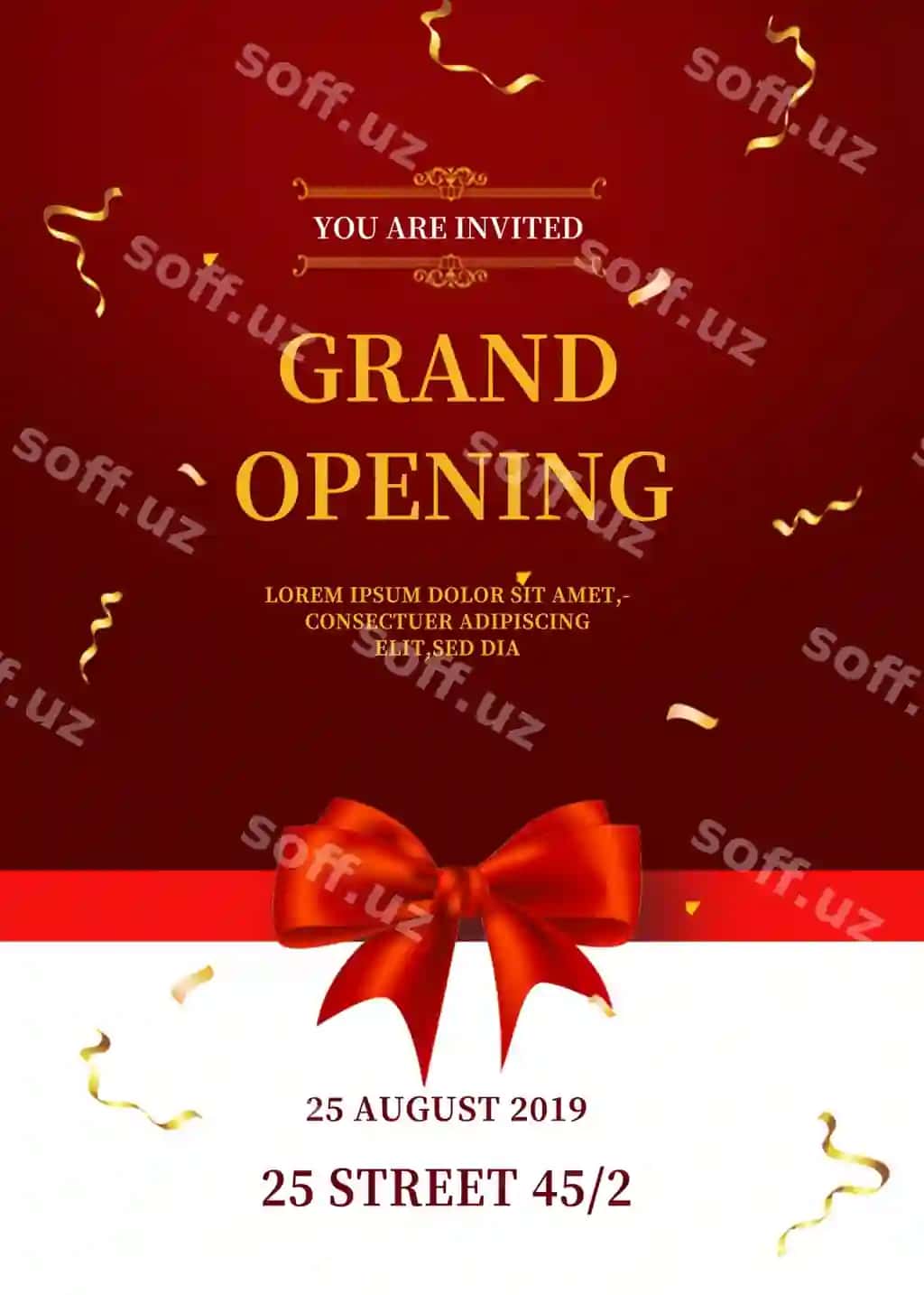 Grand opening opening uchun poster qizil rangda ko'rsatiladi. | Poster grand opening opening is shown red