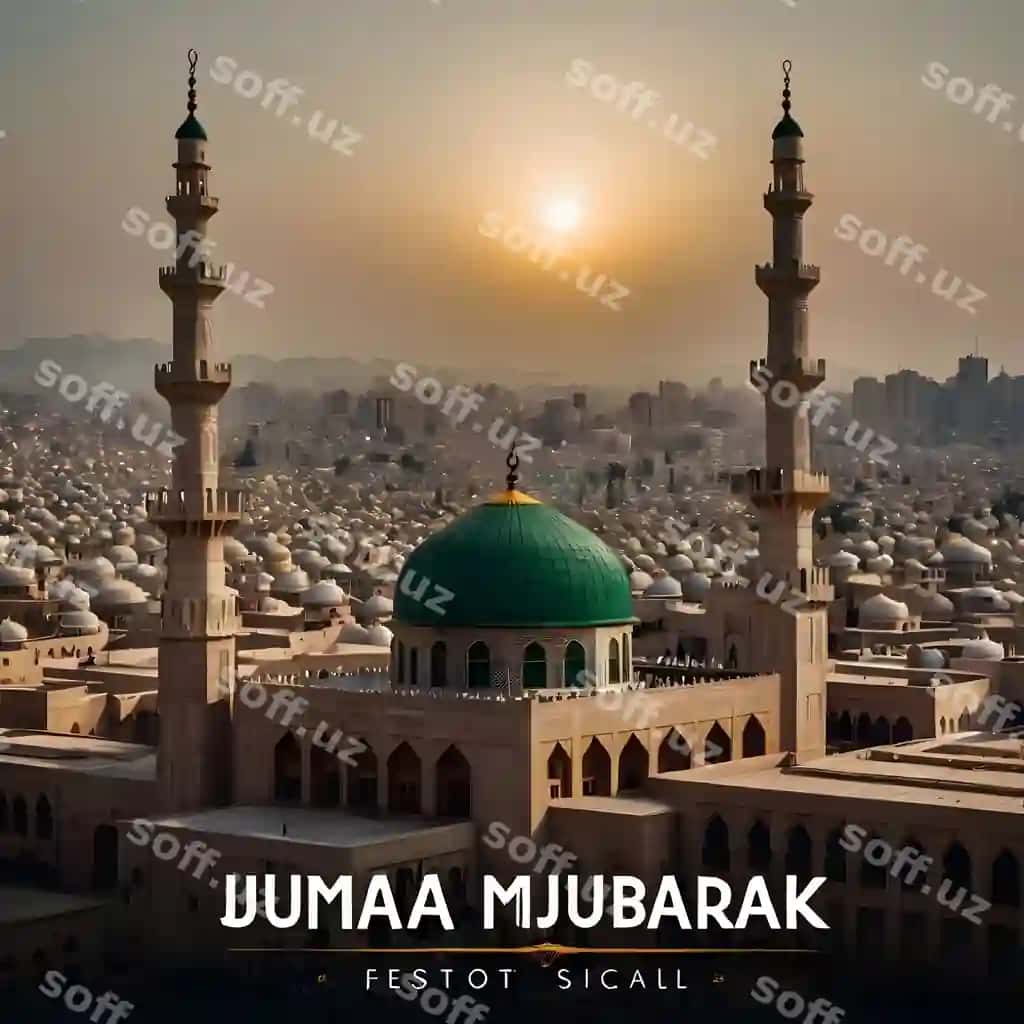 Jumma muborak Arab xattoligi ijtimoiy media posti masjid bilan | Jumma mubarak arabic calligraphy social media post with mosque